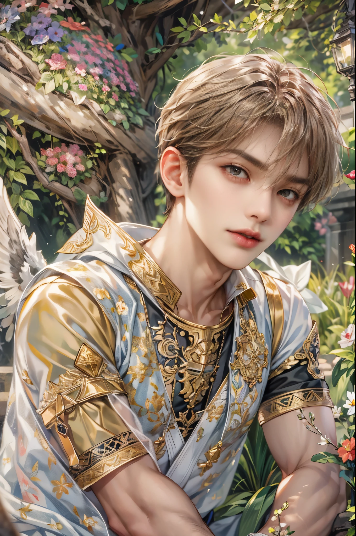 (터무니없는, 고등어, 매우 상세한, HDR), 걸작, 복잡한 세부 사항,Valkyrie Elysium 캐릭터의 최고 품질 사진, 짧은 머리 애니메이션 눈을 가진 잘생긴 십대 소년, 얼굴의 복잡한 디테일, 상세한 외부 정원 안식처 풍경, 상세한 성격, 아트 케노우지