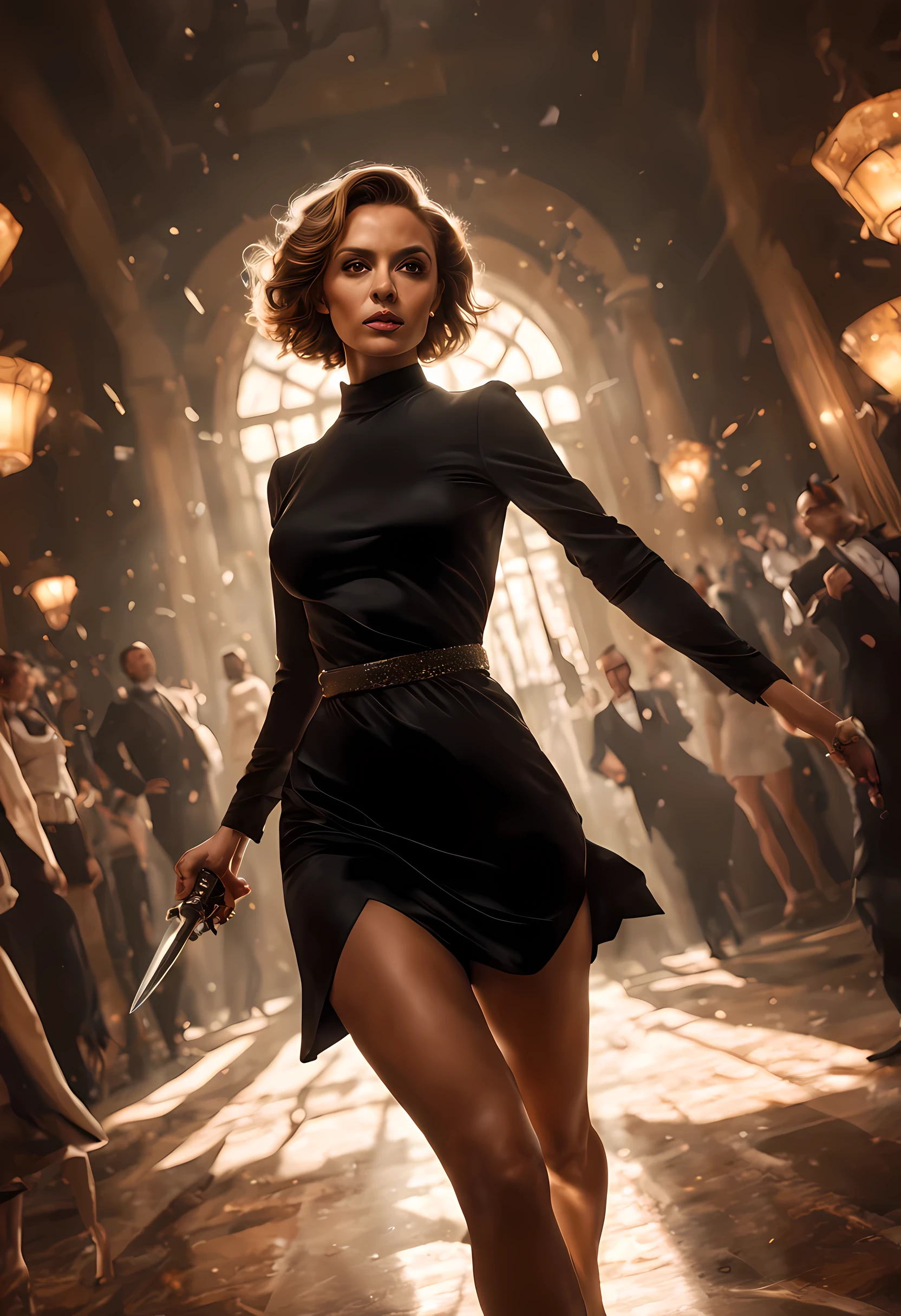 16K, ultra detailed, masterpiece, best quality, (extremely detailed), arafed, action shot, a woman spy, wearing an elegant dress, black dress, and holding a dagger in a cocktail party, Wide-Angle, Ultra-Wide Angle, 8k, highres, best quality, high details, determined face, god rays, cinematic lighting, glowing light, silhouette, from outside, photorealism