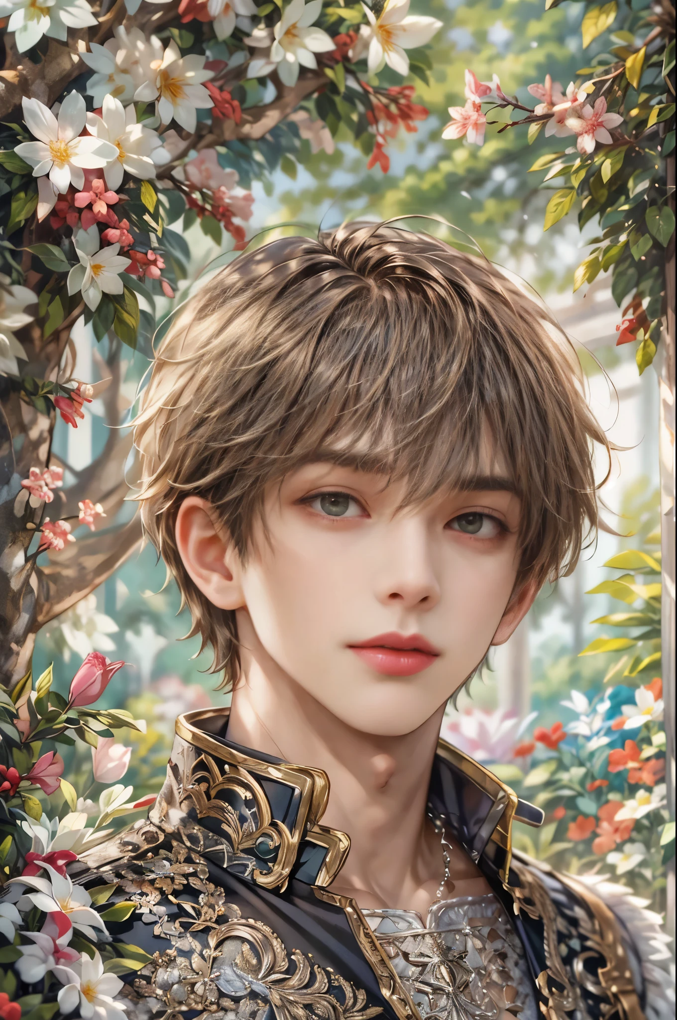 (absurdres, highres, ultra detailed, HDR), masterpiece, Intricate details,best quality picture of a character from Valkyrie Elysium, handsome teen boy with short Hair anime eyes, intricate details on face, in a detailed outside garden sanctuary scenery, detailed character, art kenouji