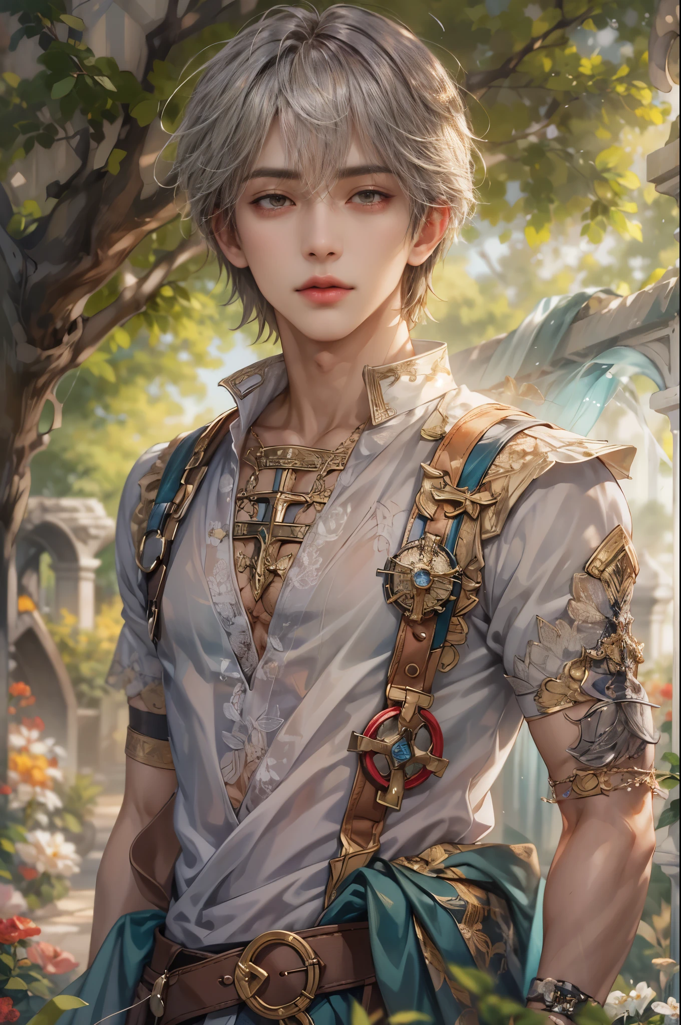 (absurdres, highres, ultra detailed, HDR), masterpiece, Intricate details,best quality picture of a character from Valkyrie Elysium, handsome teen boy with short Hair anime eyes, intricate details on face, in a detailed outside garden sanctuary scenery, detailed character, art kenouji