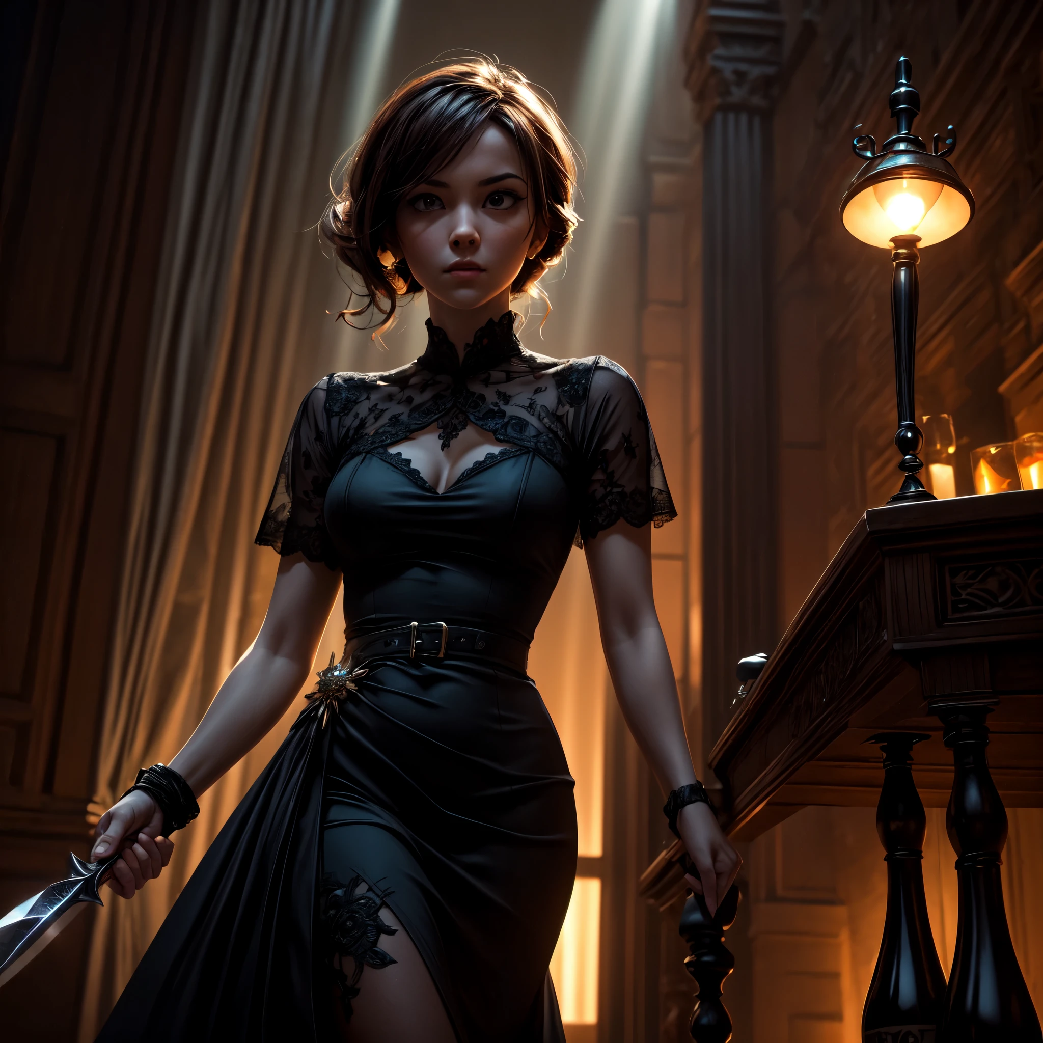 16K, ultra detailed, masterpiece, best quality, (extremely detailed), arafed, action shot, a woman spy, wearing an intricate elegant dress, black dress, holding a (dagger: 1.3) in a cocktail , Wide-Angle, Ultra-Wide Angle, 16k, highres, best quality, high details, determined face, god rays, cinematic lighting, glowing light, silhouette, from outside, photorealism