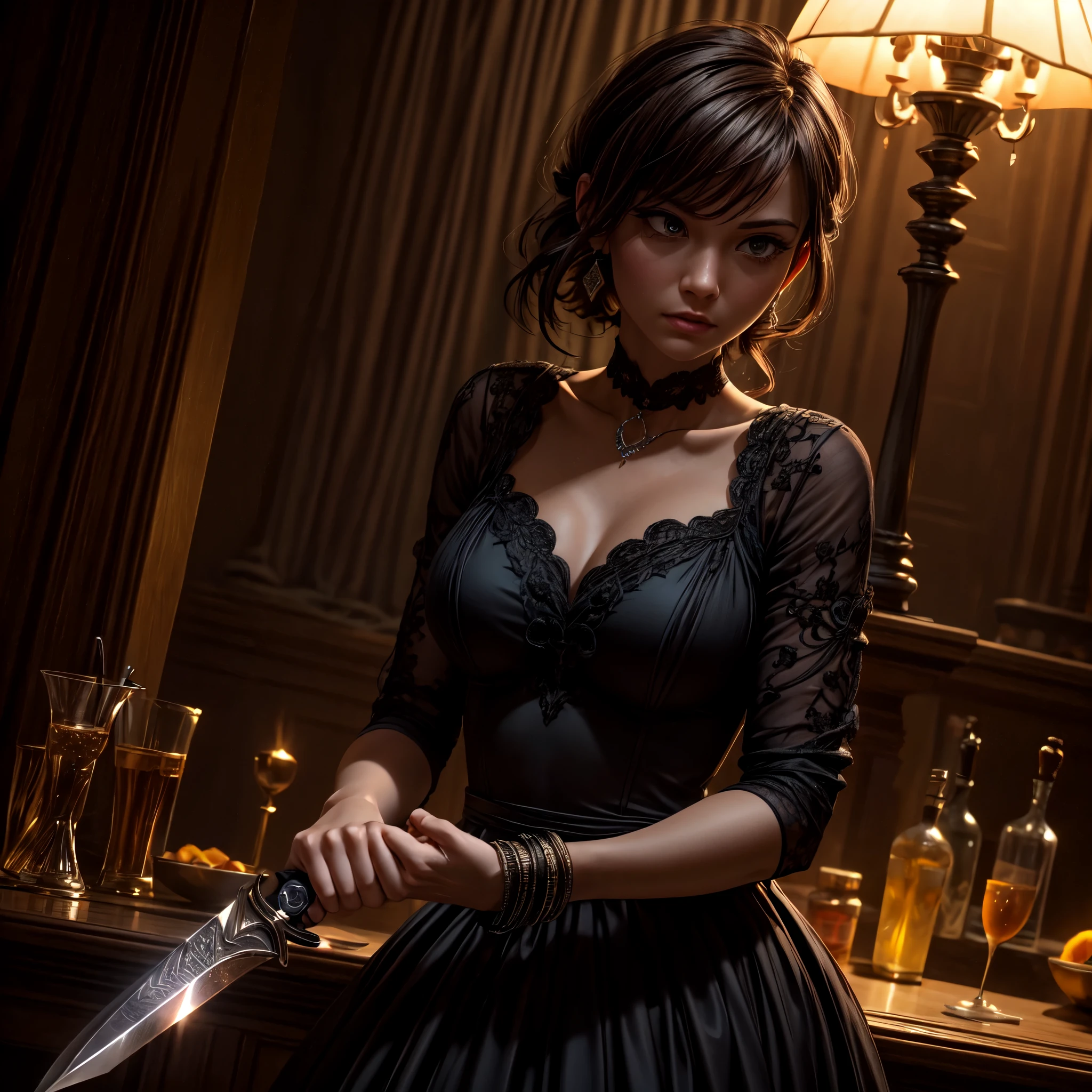 16K, ultra detailed, masterpiece, best quality, (extremely detailed), arafed, action shot, a woman spy, wearing an intricate elegant dress, black dress, holding a (dagger: 1.3) in a cocktail party, Wide-Angle, Ultra-Wide Angle, 16k, highres, best quality, high details, determined face, god rays, cinematic lighting, glowing light, silhouette, from outside, photorealism