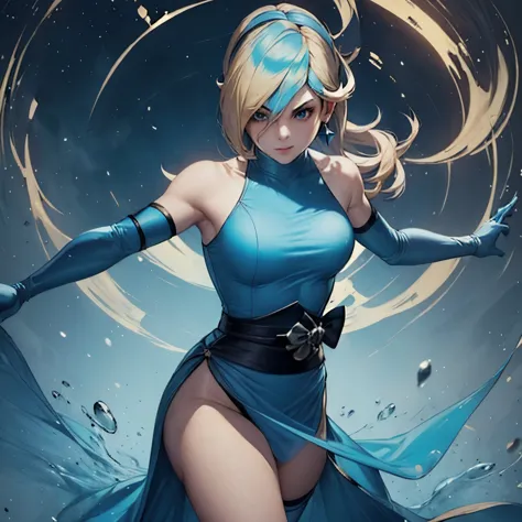 rosalina wearing roupa de kitana from mortal kombat ii, roupa de kitana, terno azul, kunoichi simples, rosalina parece, loiro, l...