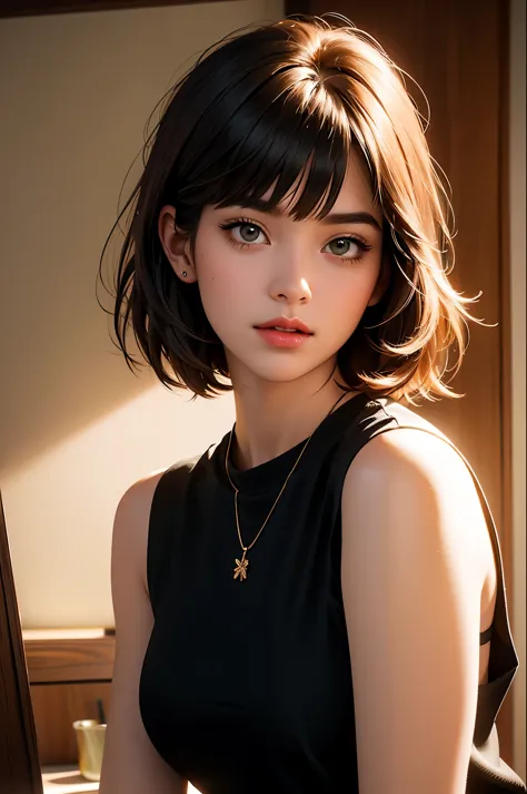 A girl with short brown hair and bangs captivates in a sleeveless blouse, set against a beautiful backdrop, illuminated by the s...