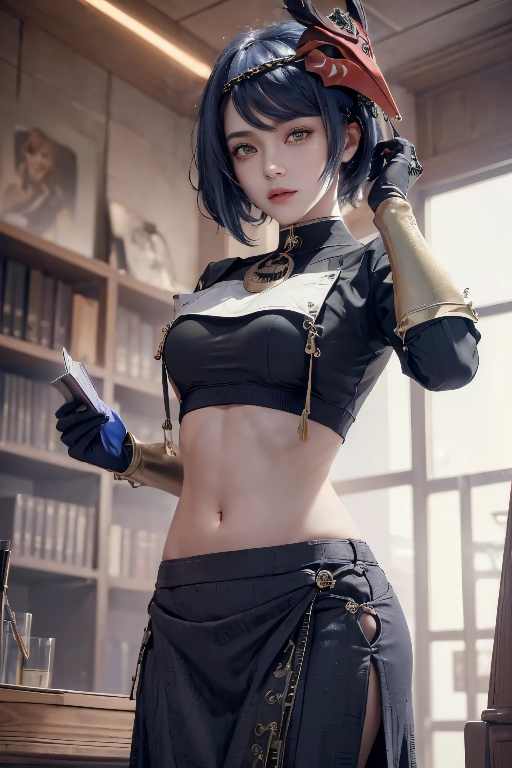 (Business suit), ((midriff, navel)), looking at viewer, library, ((cinematic lighting, masterpiece, anatomically correct, detailed textured skin, high details, highres, HD, 4K, 8k)), (kujou sara:1.3), (mask on head, blue hair, short hair, yellow eyes)