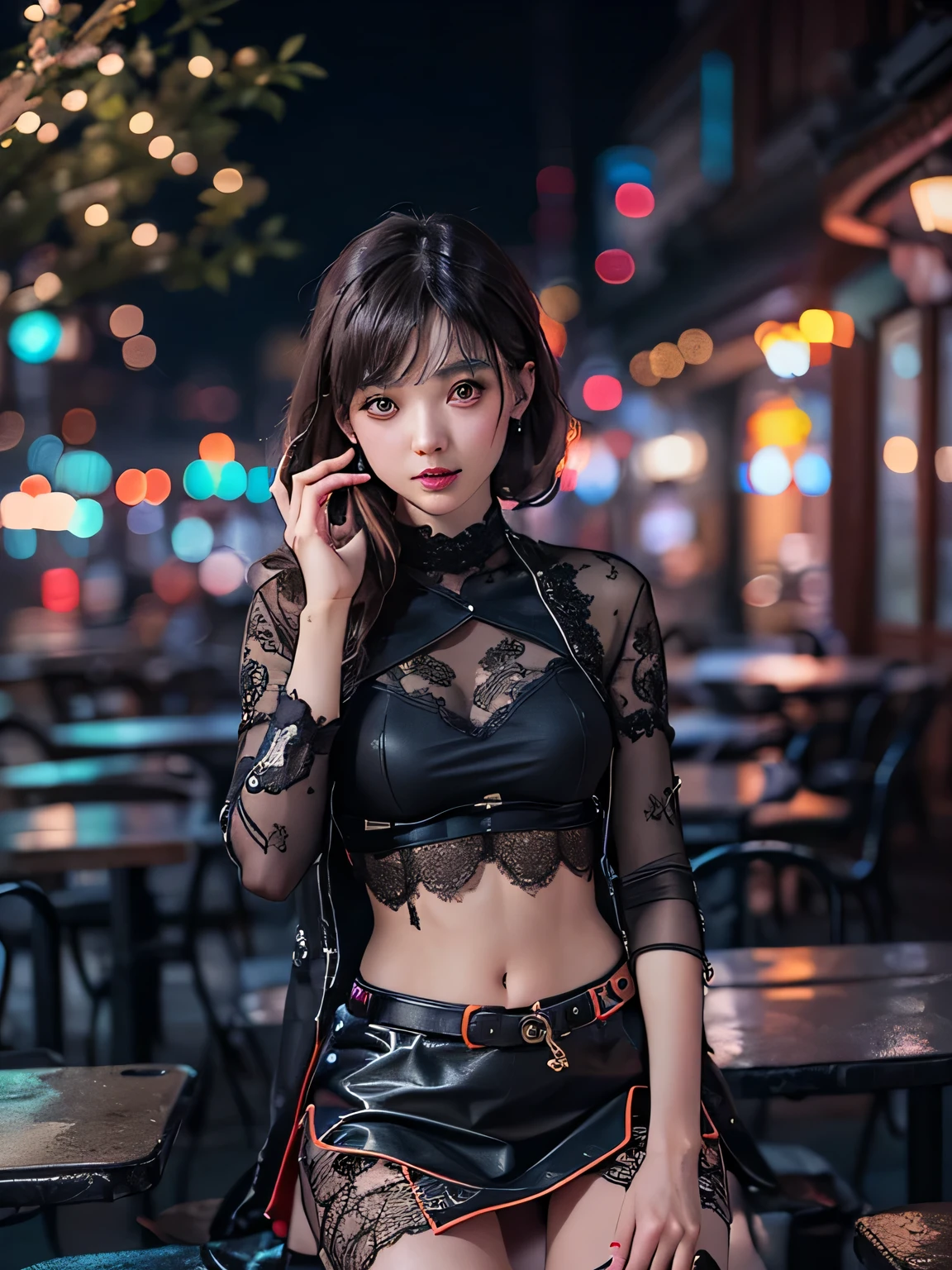 8k, RAW photo, highest quality, masterpiece, realistic, photorealistic, clear, professional lighting, beautiful face, highest quality, ultra high resolution.
       break (whole body.:1.5),  ,(18 years old very beautiful Japanese girl:1.3)
NSFW,

thin, very flat chest, very small breasts


(The supermodel poses in various poses with a confident smile in a photoshoot, :1.4)

(A very stylish cafe terrace at night, magically lit up, :1.3)


((Futuristic stylish cyberpunk leather dress):1.3)
    break latex, shiny, liquid, rubber, break(turtleneck:1.2),(black theme:1.3),(lace and leather turtleneck,:1.3)(Black Maximum A-Line Leather Skirt:1.4), 
(lace and leather patchwork:1.5),
(Separate leather dress with intricate triangular silhouette and lace decoration:1.5),
(lace patchwork,:1.4),hand,DetailXL,2b-Eimi,virgin destroyer sweater,beautiful portrait,wonder of beauty,cat lingerie,future camisole, side boob,jclnyz,xxmixgirl,underboob,bodycon,masterpiece