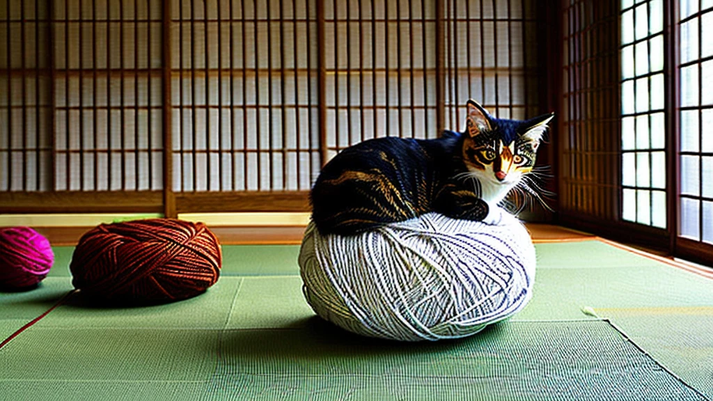 (masterpiece, highest quality:1.2), (16k, High resolution:1.3),A cat rolling a ball of yarn on a tatami room