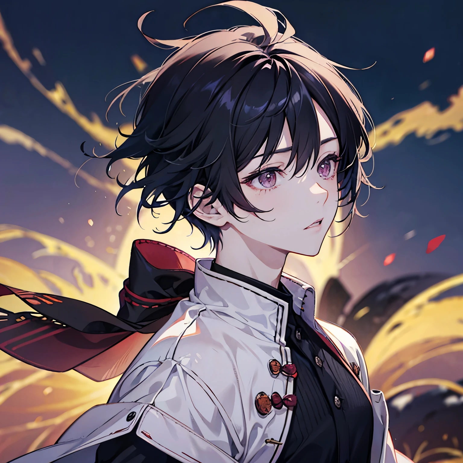 Mai Yoneyama&#39;s style　one boy　black hair　berry　messy hair　pixiv fashion trends　beautiful boy　profile　sunset　painful　10th generation　looking up　short hair
