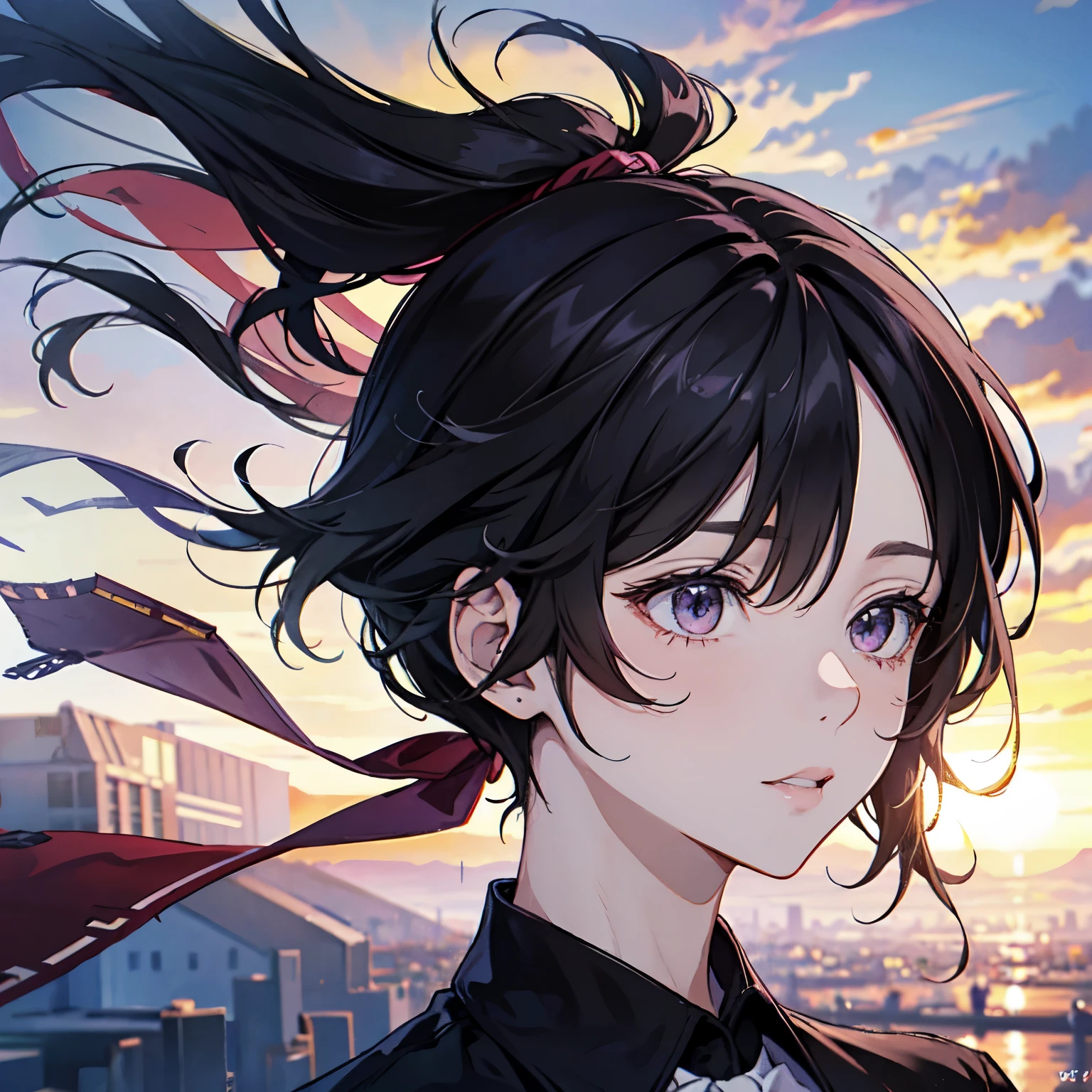 Mai Yoneyama&#39;s style　one boy　black hair　berry　messy hair　school uniform　beautiful boy　profile looking up　sunset　painful　10th generation　short hair　
