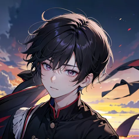 Mai Yoneyama　one boy　black hair　berry　messy hair　school uniform　beautiful boy　profile looking up　sunset　painful　10th generation　...