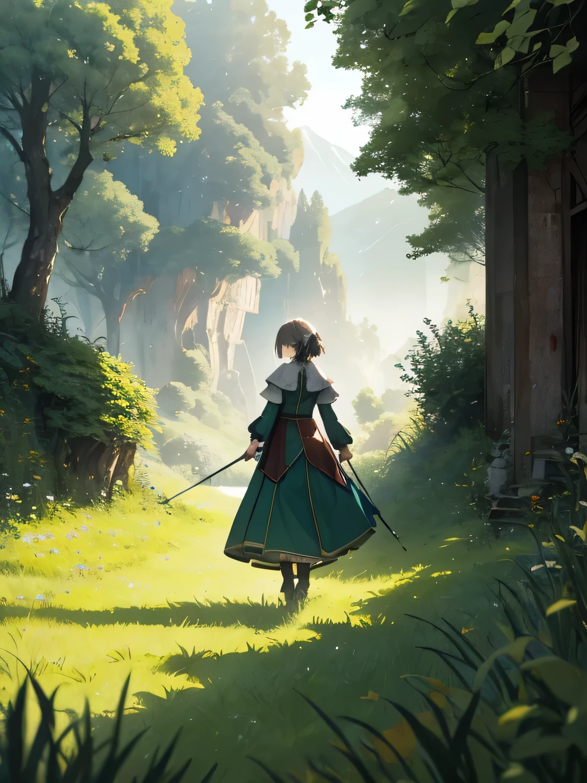 In a green meadow stands a young girl with the head of&#39;un groupe de chevaliers. PAUSE Avec une expression courageuse, elle les guide vers leur destination. PAUSE Behind her, a green forest&#39;extends and beyond, les montagnes s&#39;rise far away. PAUSE L&#39;effet le plus approprié pour cette scène serait une technique de peinture à l&#39;aquarelle pour capturer la douceur de la prairie et la fluidité du mouvement..