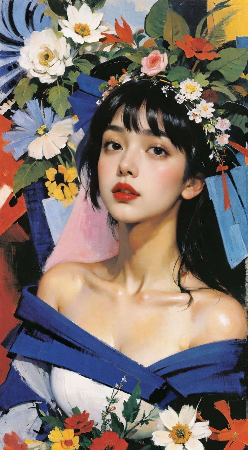 Close-up of a woman with a flower crown on her head, Asian characteristics, jinyoung shin, inspired by Yanjun Cheng, Traditional arts, korean artist, Gorgeous Chinese model, yanjun chengt, fan art, author：unbelievable, beautiful korean woman, official artwork, Wu Bin, wenfei ye, Korean popular makeup, Absolute abstract retro art print of a young Asian woman, Sexy, Charming girl wearing sailor hat, bikini, drawing of a woman wife ((golden ratio}} Lying on the couch after a long night on the town, A painting, A beautiful and expressive painting, Malcolm Lipke painting, glossy painting, Beautiful digital painting, The art of math, Beautiful paintings, monochrome. Malcolm Lipke oil painting, Impressionist painting.Will, Beautiful and delicate face, White skin