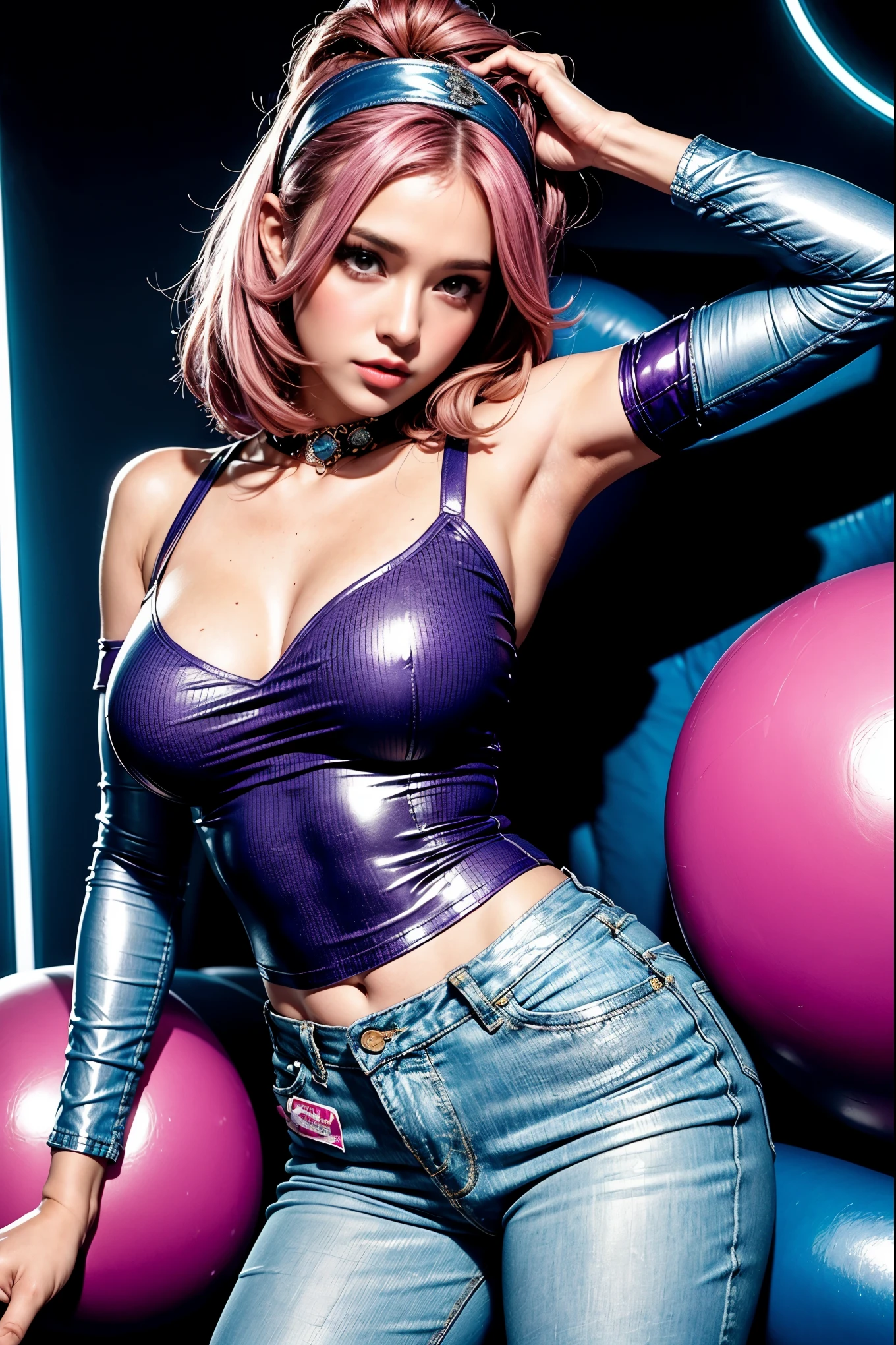In a vibrant nightclub setting, a young woman embraces the 1980s spirit in a skin-tight, off-the-shoulder bodysuit paired with high-waisted acid-wash jeans. Her hair is teased and styled with a neon headband, and her makeup boasts electric purple eyeshadow and a shimmery coral lip. Her playful pose and daring gaze exude the era's magnetic allure.