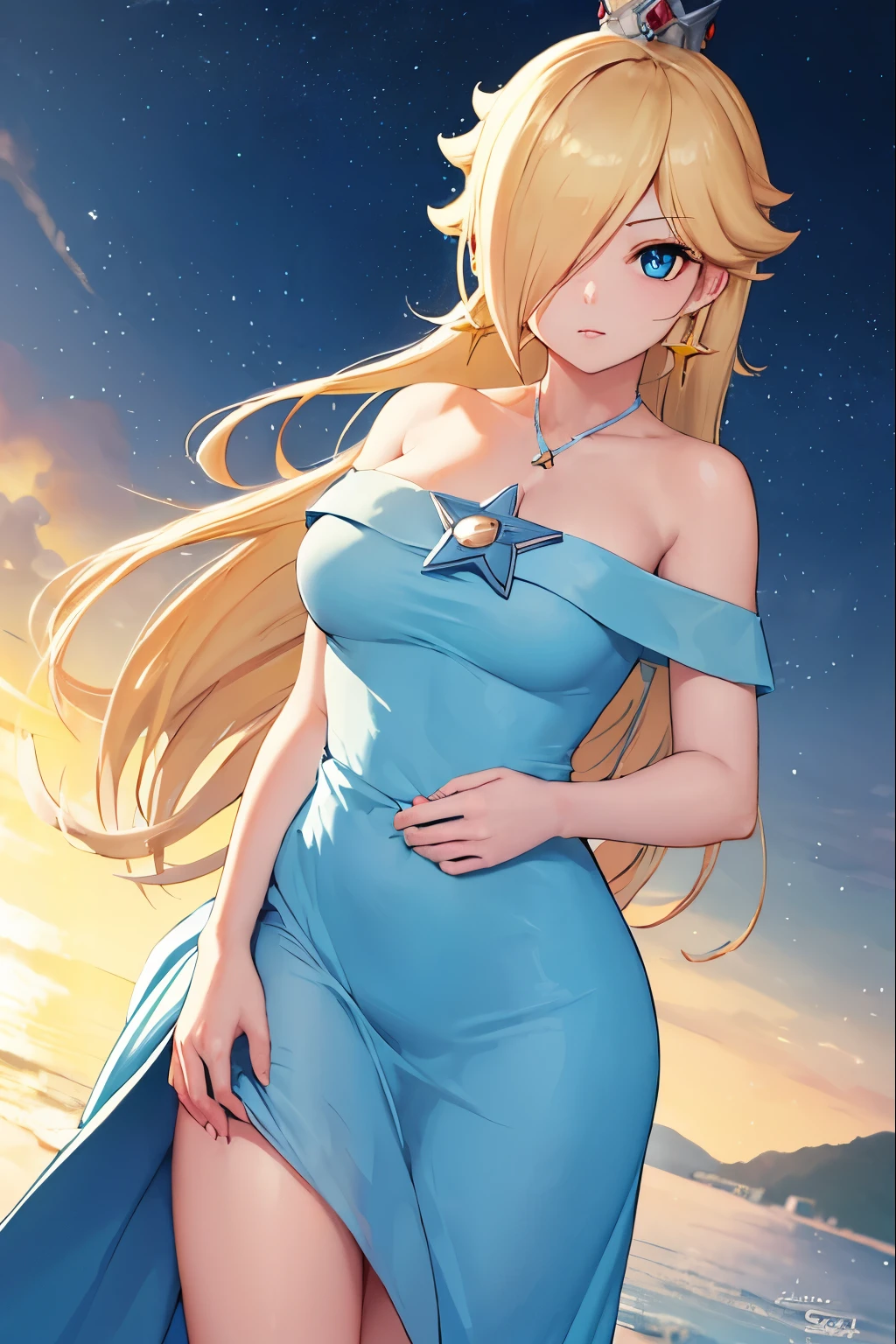 Rosalina, Rosalina, Blonde hair, blue eyes, hair over one eye, long hair, BREAK blue dress, sky-high panties, crown, dress, earrings, jewelry, princess, cape, star earrings, BREAK night, night sky, sky, star \(sky\), star \(symbol\), space, sun, BREAK looking at the viewer, (cowboy photo: 1.5), BREAK (art: 1.2), best quality, high resolution, 8k unity wallpaper, (art: 0.8), (beautiful detailed eyes: 1.6), extremely detailed face, perfect lighting, extremely detailed CG, (perfect hands, perfect anatomy),