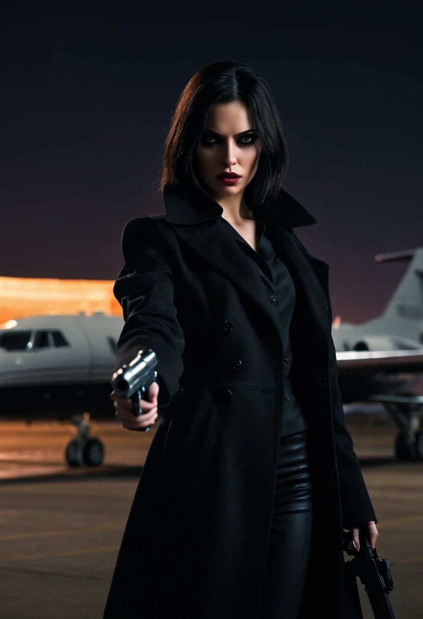 A woman in a black coat holding a gun in front of a jet - SeaArt AI