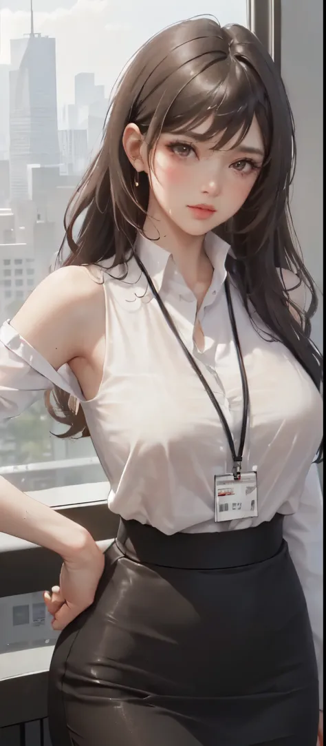 1 standing lady, /(casual shirt/) (black pencil skirt:1.1) /(ID card lanyard/), adult, /(brown hair/), /(sleeveless/), Bangs, moan, lips parted, blush, Sexy, (Masterpiece best quality:1.2) Exquisite illustrations and super detailedBREAK /(Modern office int...