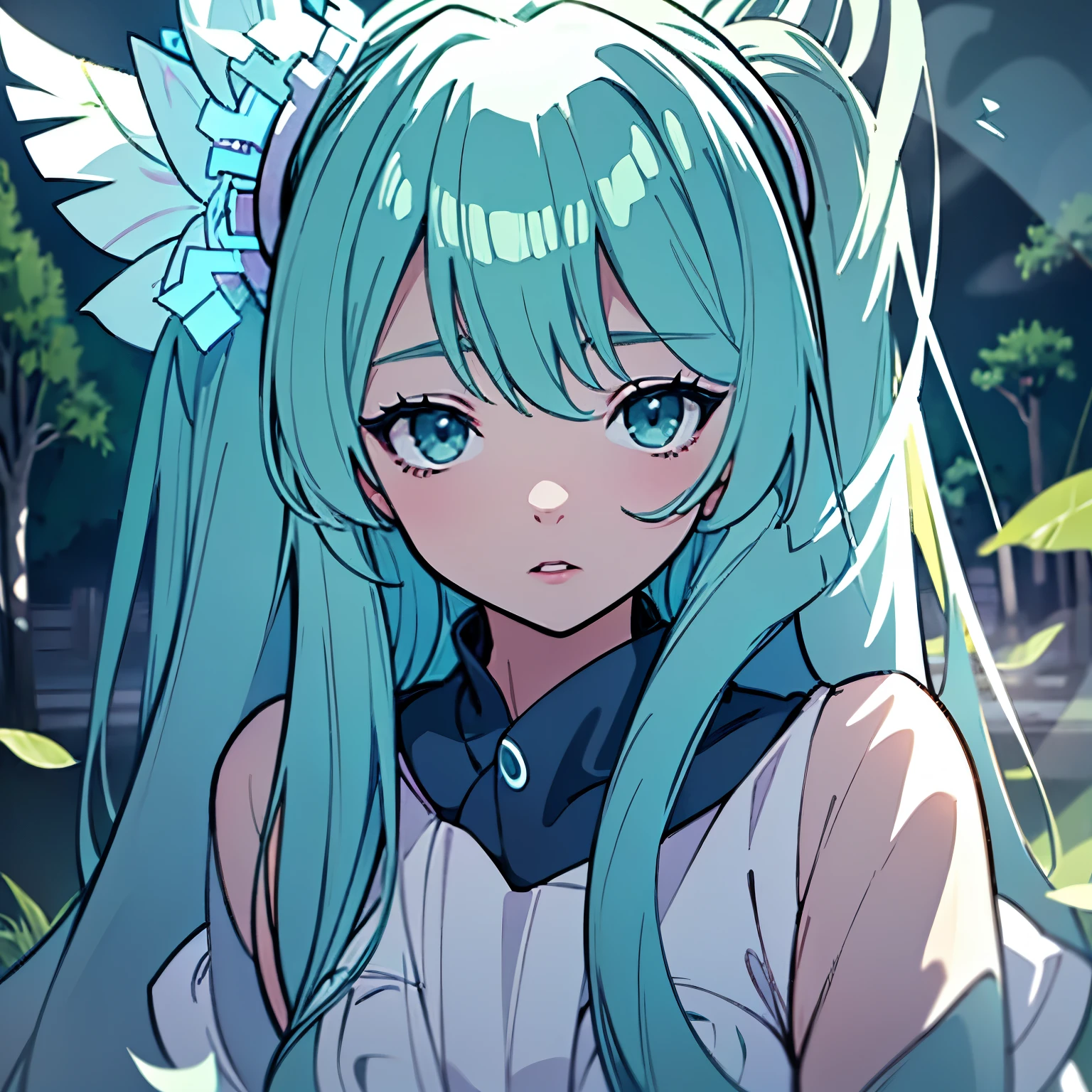 Hatsune Miku in the forest,beautiful detailed eyes,beautiful detailed lips,extremely detailed face,long eyelashes,anime style,portrait,green,night time,sparkling stars,ethereal atmosphere,soft and warm lighting,medium:painting,ultra-detailed,realistic:1.37,vivid colors,varied shades of green,delicate floral patterns,flowing translucent hair,dreamy aura,studio lighting,fairy-like appearance,mystical creatures hiding in the shadows,singing with all her heart,peaceful and serene surroundings,lush trees and vegetation,Tokyo cityscape in the distance,harmony with nature,whispering wind,seamless blend between reality and fantasy