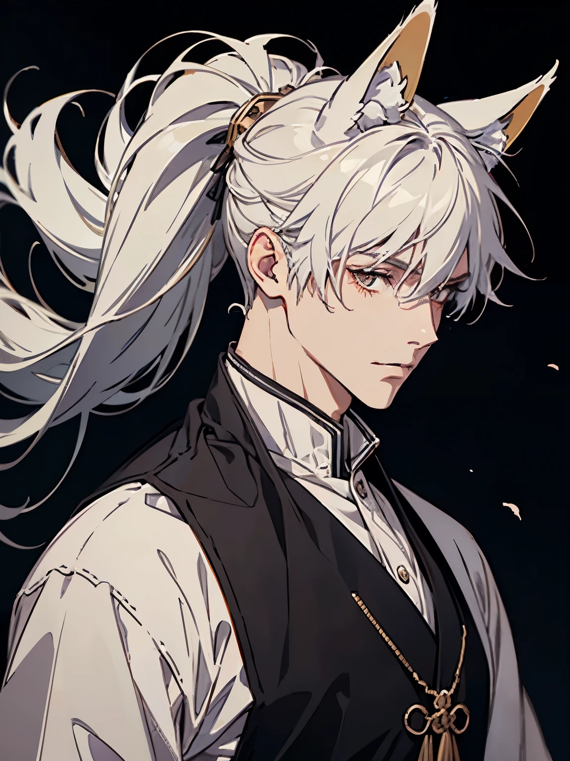 Anime character with white hair and horns in a black vest - SeaArt AI