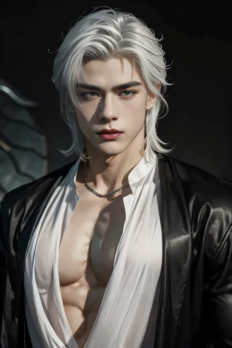 masterpiece, best quality, handsome 20 year old, fair skin male, white hair, perfect face, chest abs, large pectoral fins and muscles, masculine, black clothes, 
