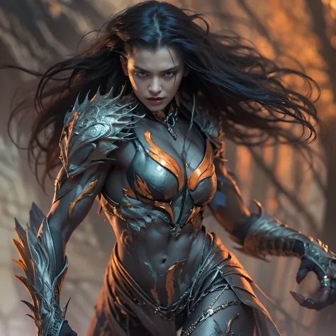 1 female alien, The predator, (extremely beautiful:1.2), (intense gaze:1.4), (predator:1.1), long dark claws, (NSFW:1), nipples,...