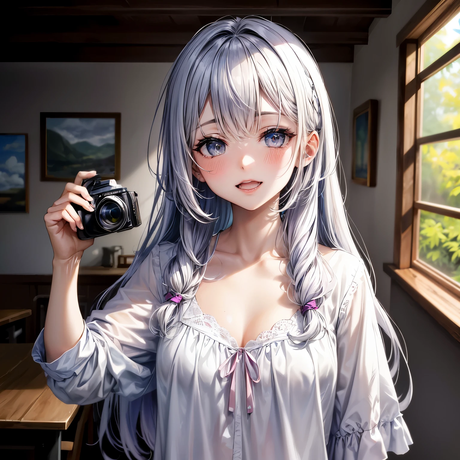 Anime girl with long gray hair holding a camera in a room - SeaArt AI