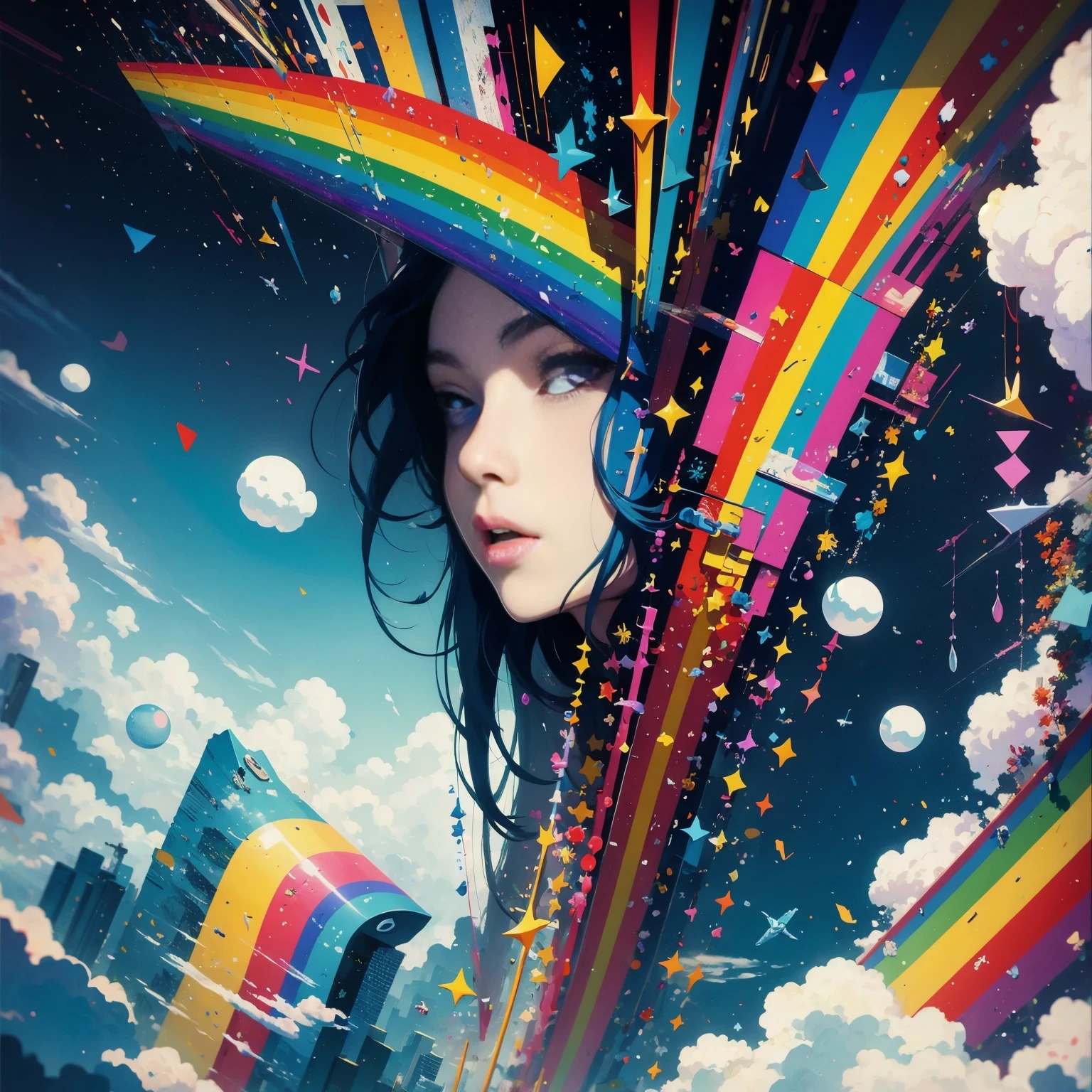 (masterpiece, best quality:1.2), Graffiti漫画，Graffiti, wall, full image, High resolution and high contrast,simple,knight，alone，Abstract surreal colors, popular geometric surrealism, rainbow colored dreams