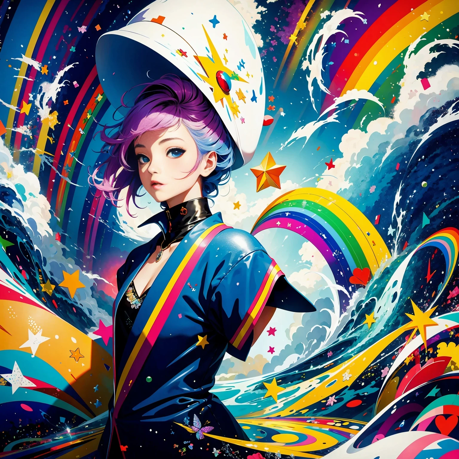 (masterpiece, best quality:1.2), Graffiti漫画，Graffiti, wall, full image, High resolution and high contrast,simple,knight，alone，Abstract surreal colors, popular geometric surrealism, rainbow colored dreams