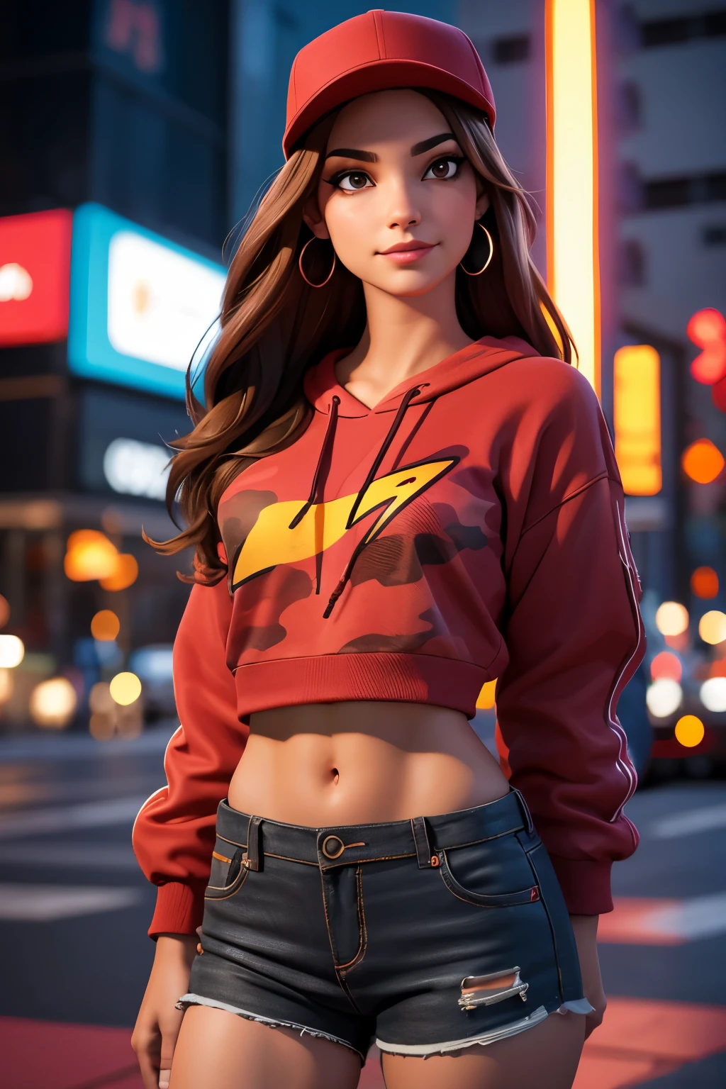 1girl, beautiful, smirk, wearing a hat, earrings, red camo sweatshirt, red_short shorts, long hair, brown hair, mascara, nose lips, standing, midriff, naval, earrings, (realistic:1.5), cyberpunk, neon city, neon lights, 3d, cgi, volumetric lightning