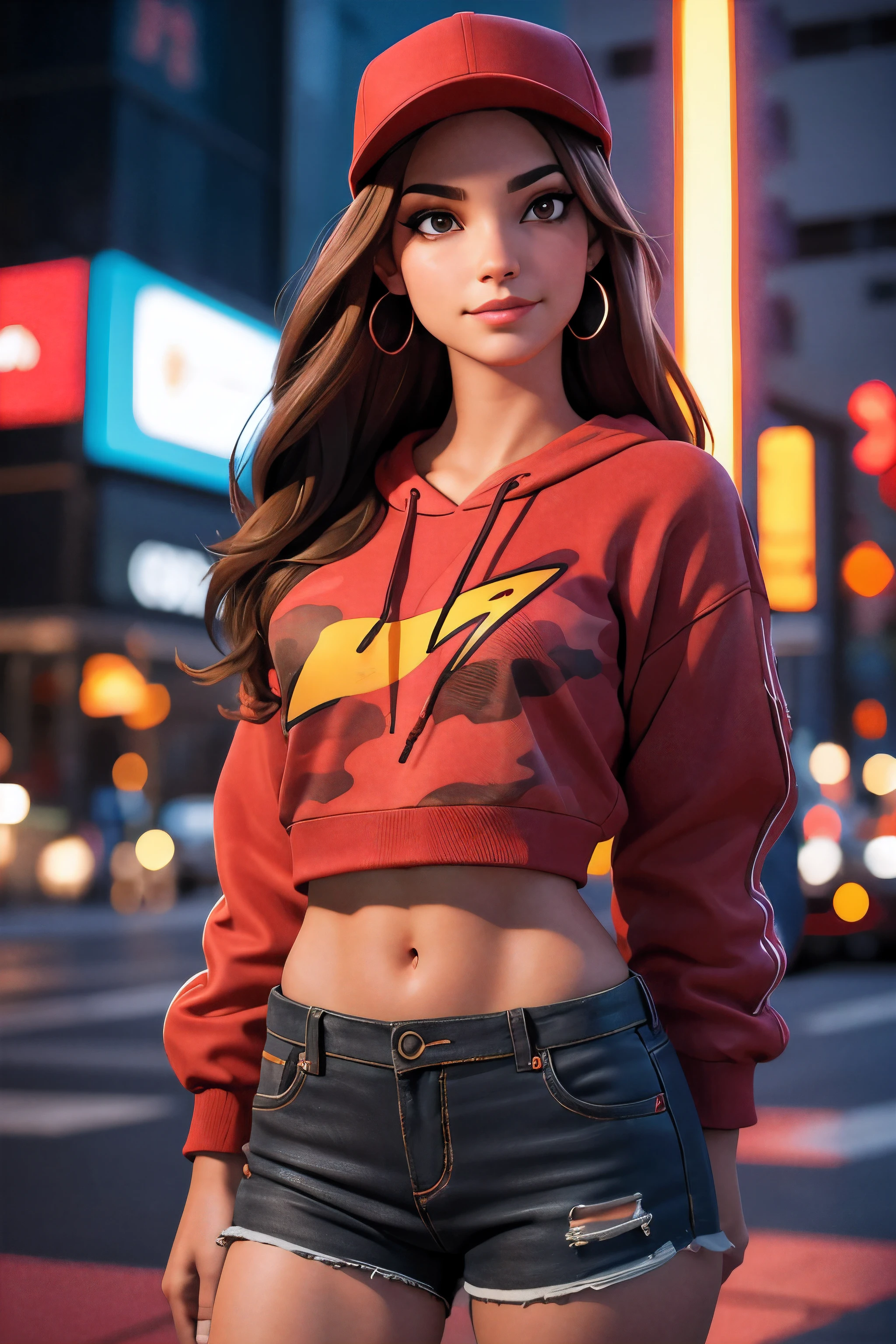 1girl, beautiful, smirk, wearing a hat, earrings, red camo sweatshirt, red_short shorts, long hair, brown hair, mascara, nose lips, standing, midriff, naval, earrings, (realistic:1.5), cyberpunk, neon city, neon lights, 3d, cgi, volumetric lightning