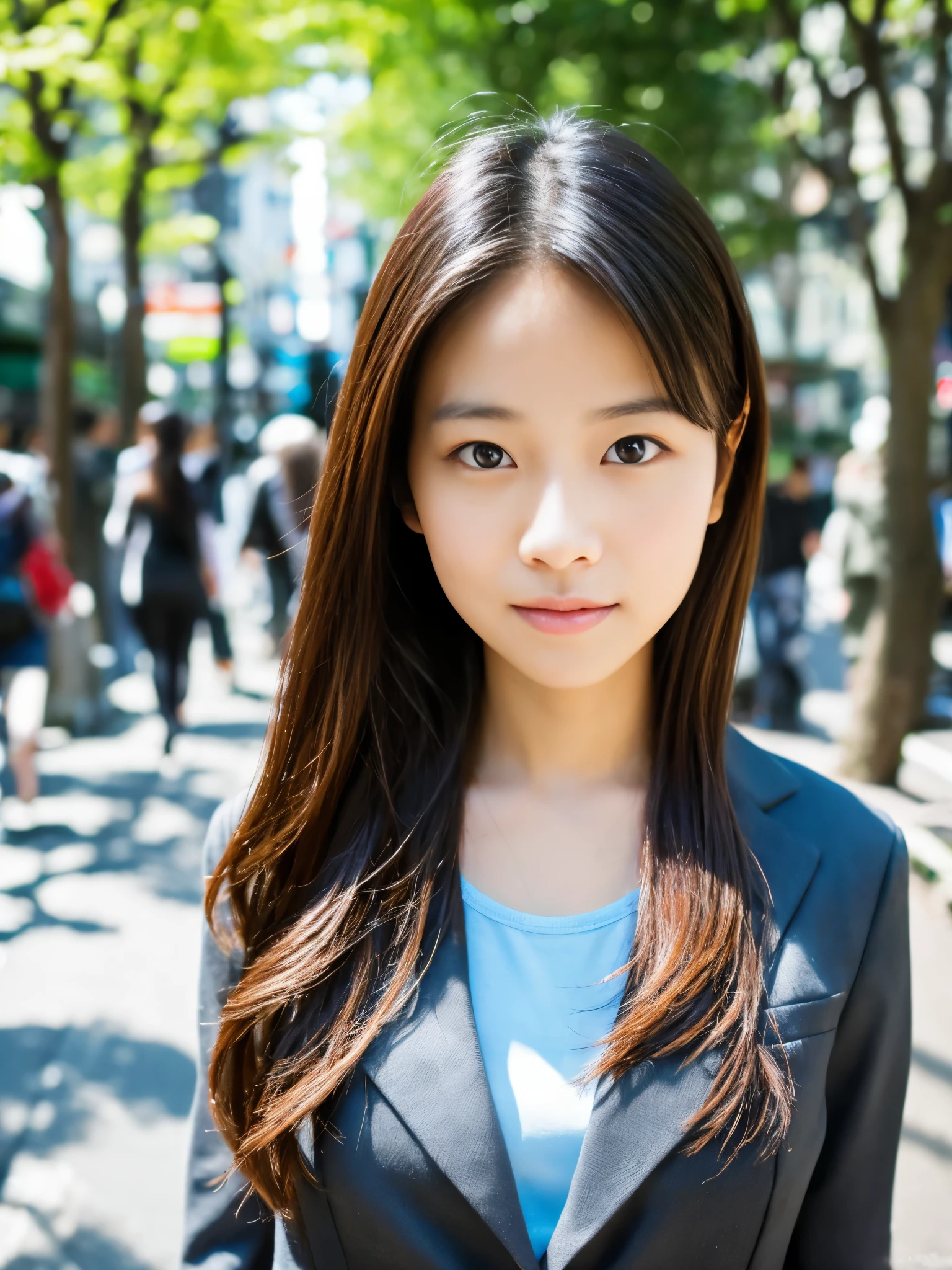 Photoreal, Retrato de cuerpo entero en 8K, Mujer hermosa, mirada atractiva, Sistema claro, , tokio, primavera, Shibuya al fondo