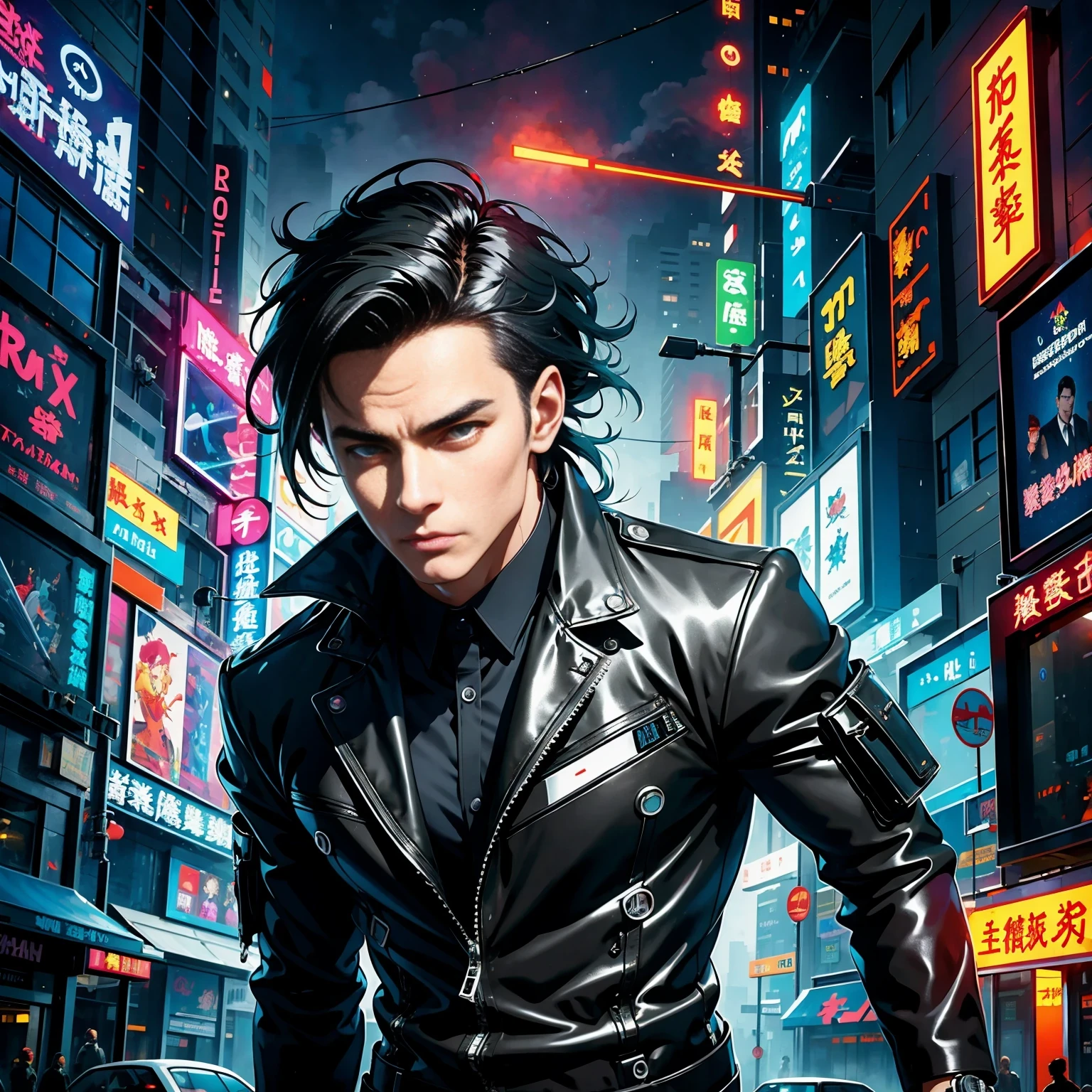 (masterpiece, best quality:1.2), Graffiti caricatures，full image, High resolution and high contrast,simple,rainy night，Futuristic male agent, His face is very determined, intense gaze, shiny black hair, Detailed futuristic silver pistol,,wearing black suit,, Stylish and well-fitting, dynamic action poses, Light, futuristic city background, neon Lights, Sci-fi atmosphere, strong shadow, smoke and fog, High-tech products, 神秘的Light环，alone，Abstract surreal colors, popular geometric surrealism, rainbow colored dreams