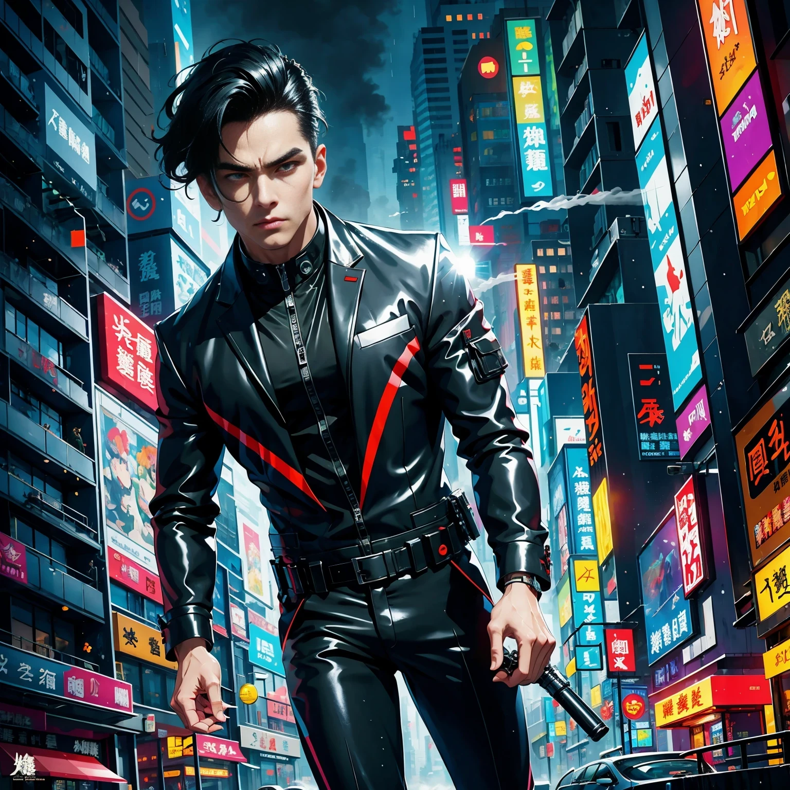 (masterpiece, best quality:1.2), Graffiti caricatures，full image, High resolution and high contrast,simple,rainy night，Futuristic male agent, His face is very determined, intense gaze, shiny black hair, Detailed futuristic silver pistol,,wearing black suit,, Stylish and well-fitting, dynamic action poses, Light, futuristic city background, neon Lights, Sci-fi atmosphere, strong shadow, smoke and fog, High-tech products, 神秘的Light环，alone，Abstract surreal colors, popular geometric surrealism, rainbow colored dreams