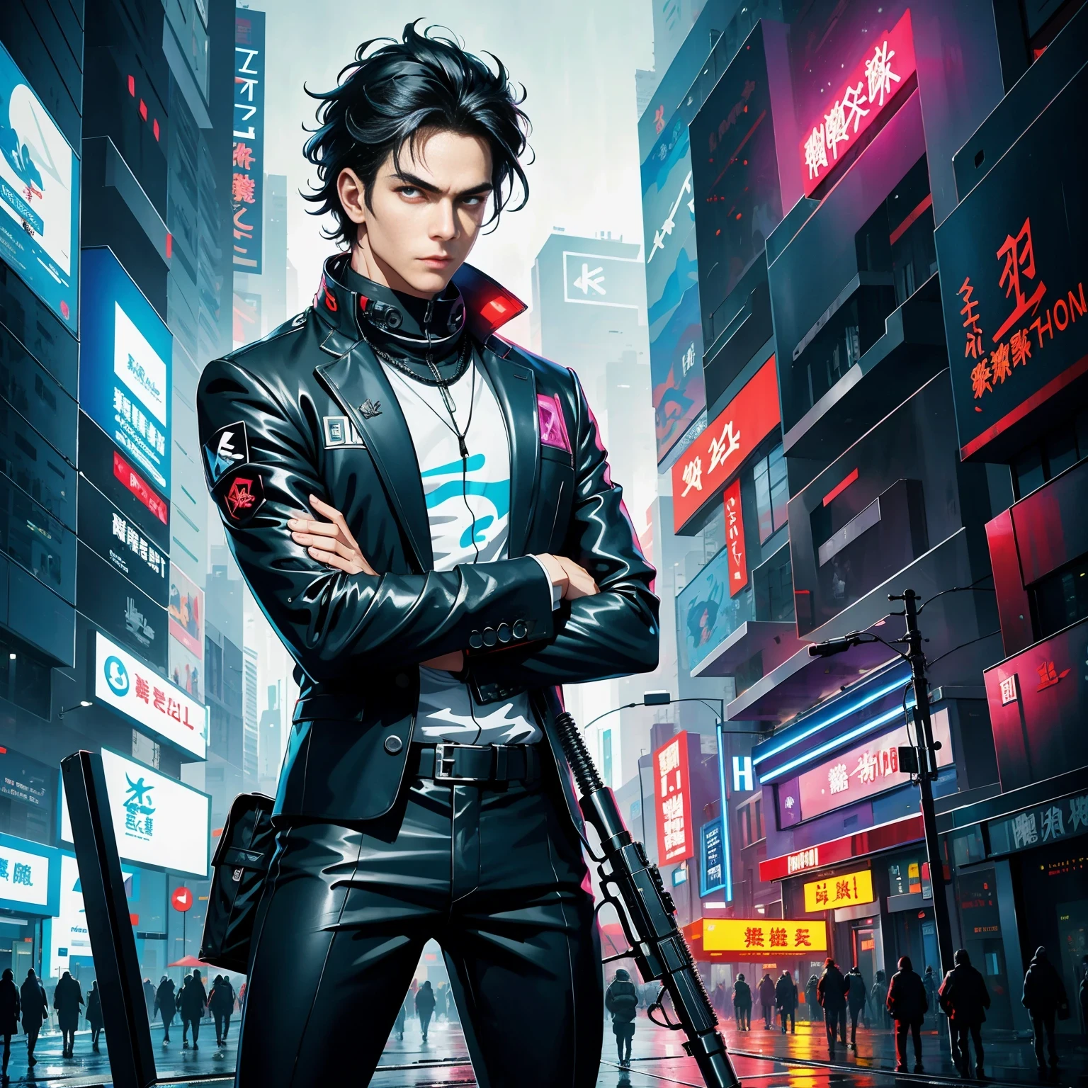 (masterpiece, best quality:1.2), Graffiti caricatures，full image, High resolution and high contrast,simple,rainy night，Futuristic male agent, His face is very determined, intense gaze, shiny black hair, Detailed futuristic silver pistol,,wearing black suit,, Stylish and well-fitting, dynamic action poses, Light, futuristic city background, neon Lights, Sci-fi atmosphere, strong shadow, smoke and fog, High-tech products, 神秘的Light环，alone，Abstract surreal colors, popular geometric surrealism, rainbow colored dreams