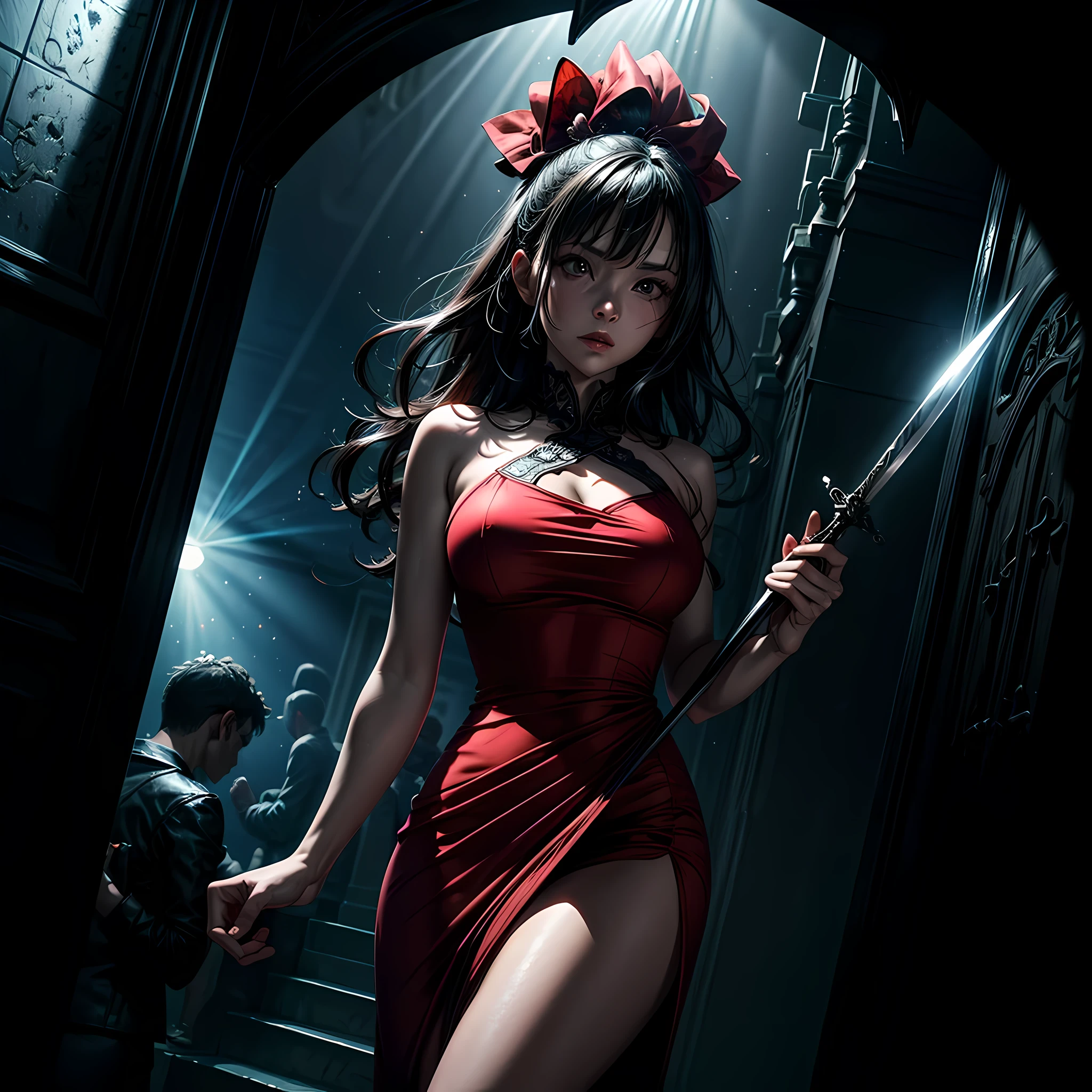 16K, ultra detailed, masterpiece, best quality, (extremely detailed), arafed, action shot, a woman spy, wearing an intricate elegant dress, red dress, sexy dress, holding a (dagger: 1.3) in a cocktail  background, Wide-Angle, Ultra-Wide Angle, 16k, highres, best quality, high details, determined face, god rays, cinematic lighting, glowing light, silhouette, from outside, photorealism, 2.5D