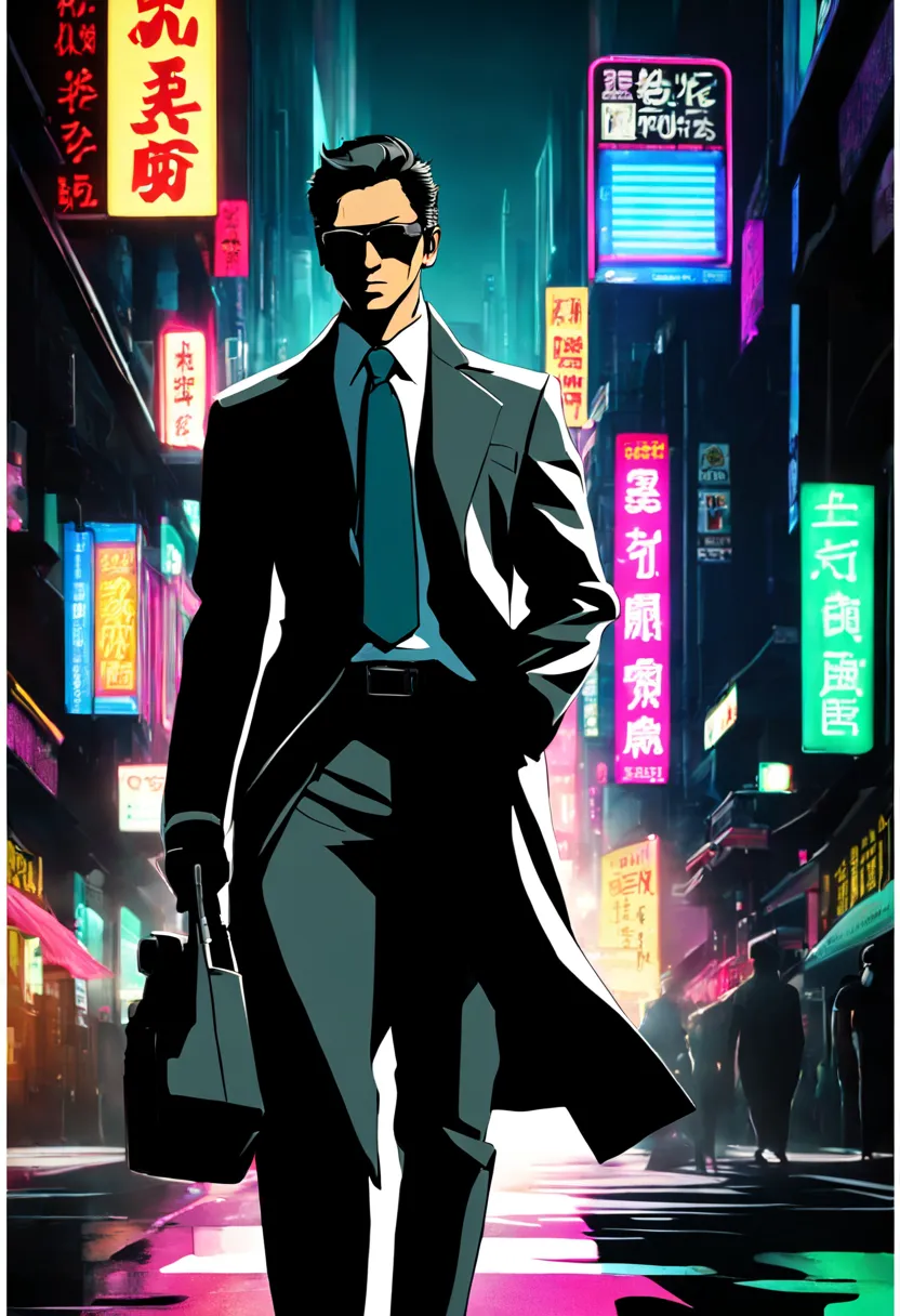 covert operative in neon tokyo: (sleek:1.3) (secret agent:1.3) in a (tailored suit:1.2) and (sunglasses:1.1), blending into the ...