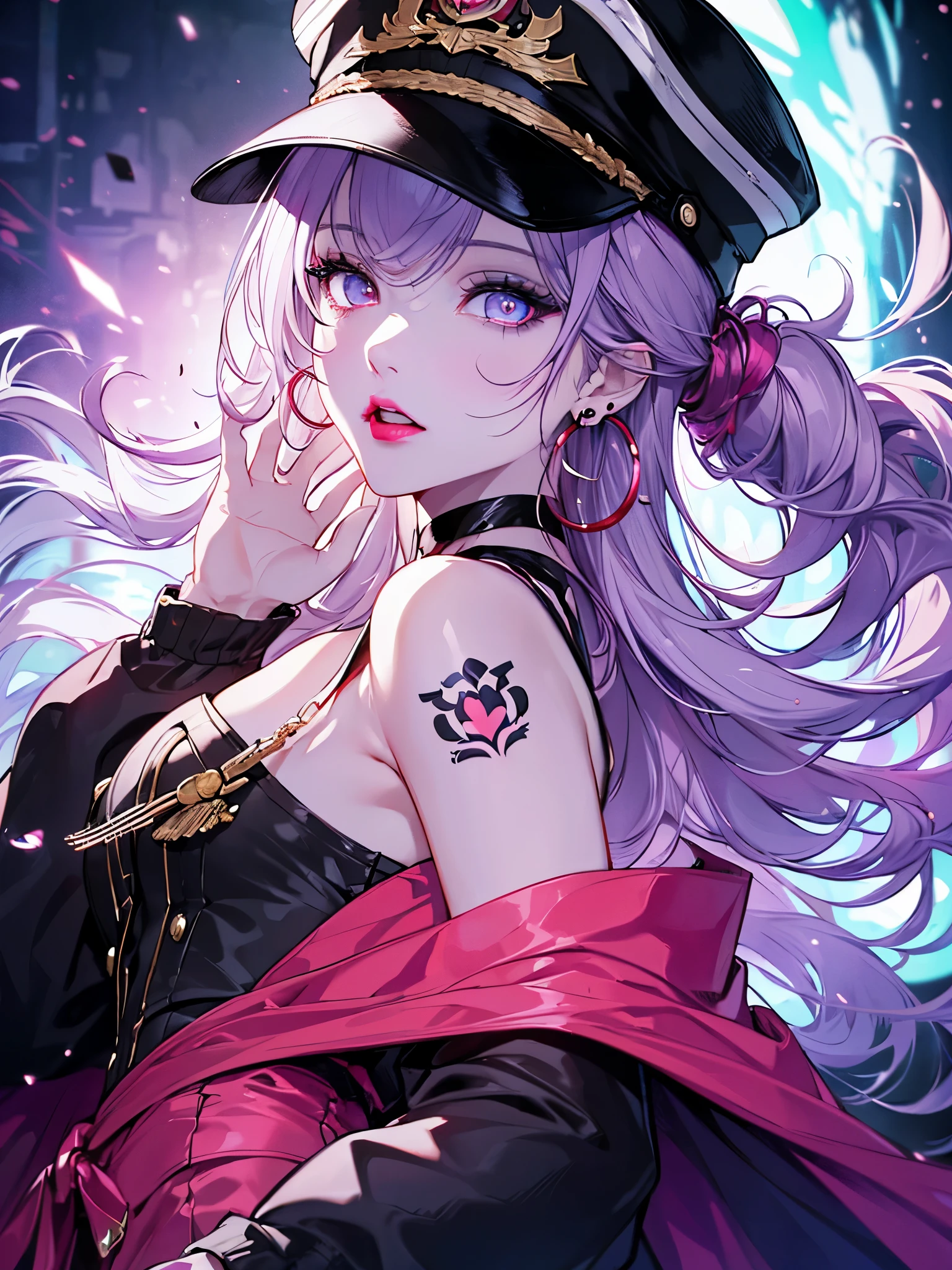 scene:0.9, (masterpiece), highest quality, (((super detailed, 8K quality))), looking at the viewer,,hair above one eye, red eyes, clear eyes, choker, neon shirt, purple pirate costume,Captain's Hat、Cloak in military uniform,sea tribe, shining grafiti, shineing tattoos, shine, neon light, Black light,anime style, movie portrait photography, 1 female, Full body Esbian,blue eye background, naval battle、big and full breasts, anger, (scarlet hair), long hair, purple eyes, wearing a short black dress, (natural skin texture vivid details, surreal, (realistic detailed eyes, natural skin texture, realistic facial details), soft and dramatic lighting, Depth of written boundary, bokeh, vivid details, surreal, 35mm movie, hazy blur, movie,lipstick, ear piercing, eye shadow, hoop earrings, red pink lips, Multicolored red eyes, purple theme,Wear an iridescent aura,beautiful eyes,,bold pose、decide on a pose,upper ponytail,hanging bangs