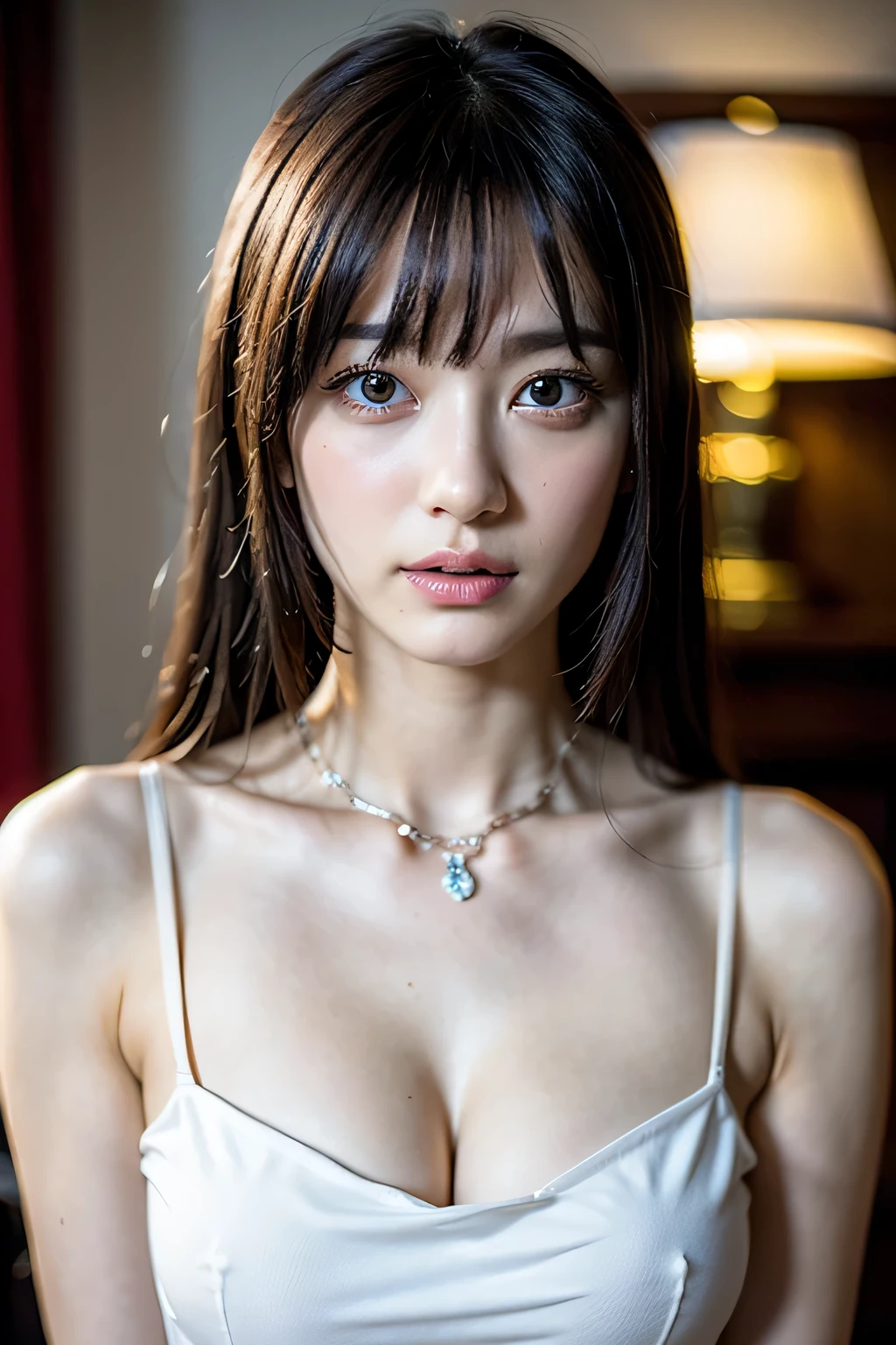 ８ｋ、高解像度、パンクファッション、美少女、アンドロイドボディ、若い、白い肌,、細い目,高い鼻,顔を照らす照明、鮮明な画像、知的な美しさ、スキニー、ノーメイク、不安そうな表情、顔を照らす照明,輝く髪、一重まぶた,青い目