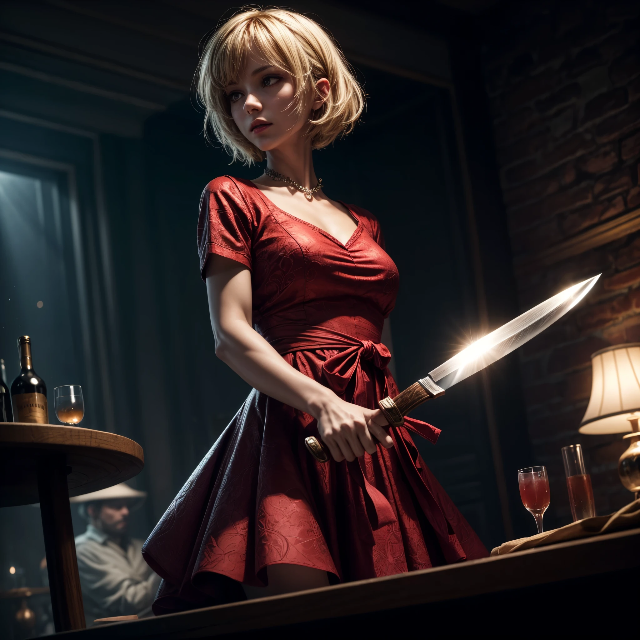 16K, ultra detailed, masterpiece, best quality, (extremely detailed), arafed, action shot, a woman spy, wearing an intricate elegant dress, red dress, blond hair, pixie cut, sexy dress, holding a (knife: 1.3) in a elegant, high class cocktail  background, Wide-Angle, Ultra-Wide Angle, 16k, highres, best quality, high details, determined face, god rays, cinematic lighting, glowing light, silhouette, from outside, photorealism, 3D