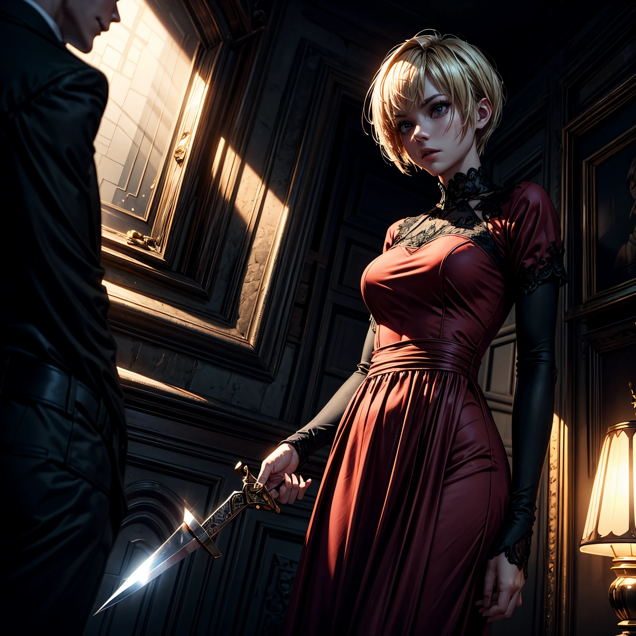 16K, ultra detailed, masterpiece, best quality, (extremely detailed), arafed, action shot, a woman spy, wearing an intricate elegant dress, red dress, blond hair, pixie cut, sexy dress, holding a (dagger: 1.3) in a elegant, high class cocktail  background, Wide-Angle, Ultra-Wide Angle, 16k, highres, best quality, high details, determined face, god rays, cinematic lighting, glowing light, silhouette, from outside, photorealism, 3D