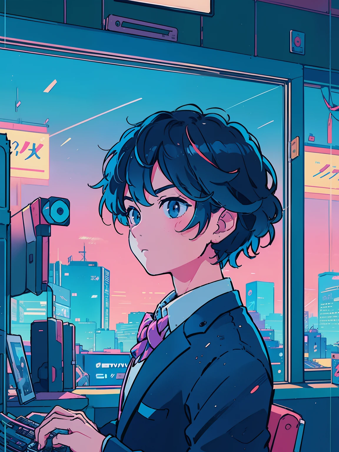 Businessman、web marketing、 Lofiatostyle, Lofiato, official fan art, portrait of lofi, high quality fan art, Makoto Shinkai ( apex legend ), In 80 years&#39;anime art style, digital anime illustration, suit figure, Makoto Shinkai&#39;s art style, Portrait anime 20s male、Upper body、computer