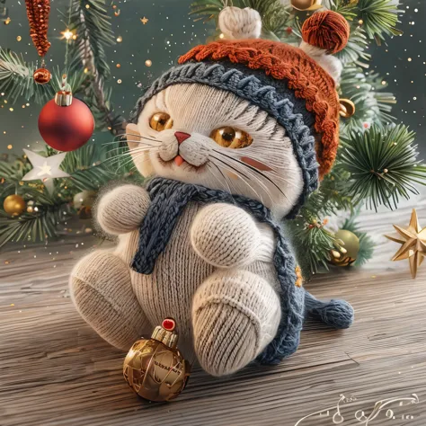 (La best quality,high resolution,super detailed,actual),Cute knitted cat，in the room，smiley face，Christmas decoration，surrounded by christmas gifts，A masterpiece with fantasy elements）））， （（best quality））， （（intricate details））（8k）