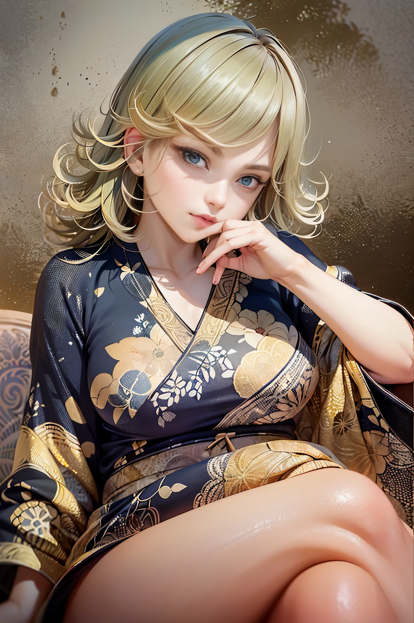 (best quality:1.2),Masterpiece, 1girl, unamused, closed mouth, tatsumaki, looking at the viewer, hand on her face, sitting, short black kimono, big thighs, crossing legs, oil painting, detailed eyes and face, delicate brushstrokes, intense colors, dramatic lighting, tranquil garden background, realistic texture and shadows, vividly capturing emotions.