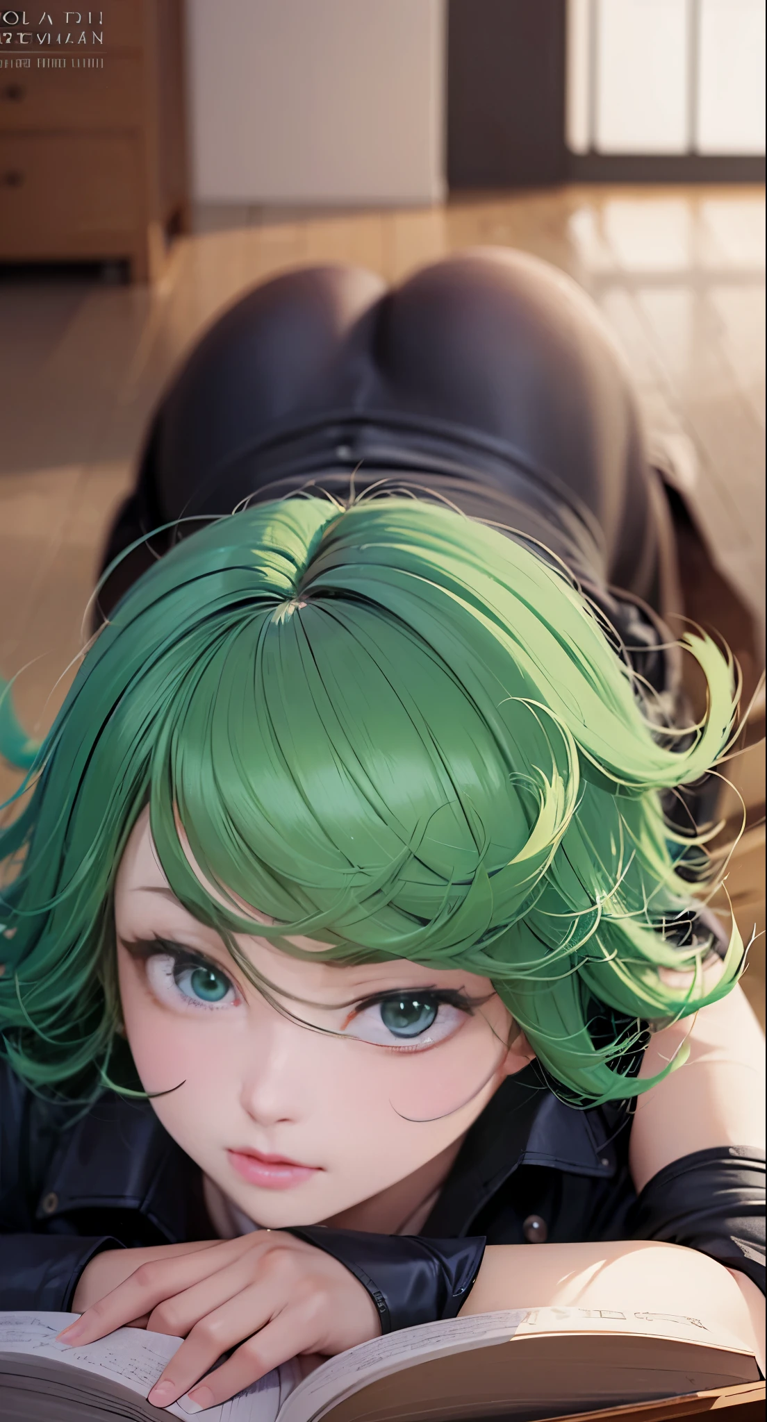 anime girl with green hair and black dress laying on floor next to open book, an anime drawing by Shitao, pixiv, fantasy art, top rated on pixiv, at pixiv, tatsumaki from one punch man, beautiful anime girl,jack-O', bending over, seductive anime girl, the anime girl is crouching, tatsumaki