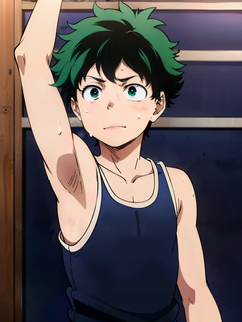 Highres, Masterpiece, Best quality at best,Best Quality,hight quality, hight detailed, Izuku Midoriya, Green hair, Green eye, 1boy, Boy, Torso, Tank top, (Showing armpit:1.3), (very young boy), (very small and short body), 12-Year-Old-Boy, Sweat, Simple be...