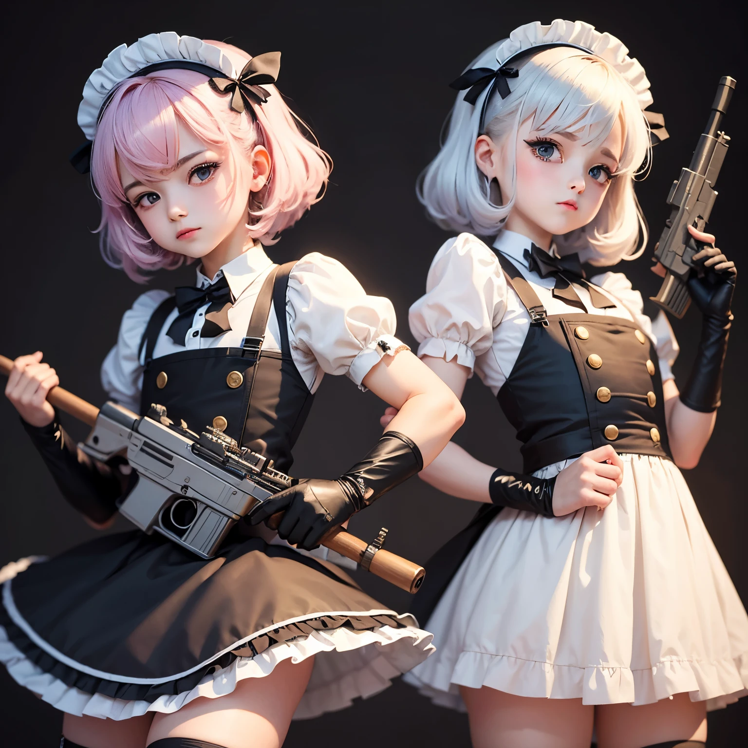 Two women in maid outfits holding guns and posing for a picture - SeaArt AI