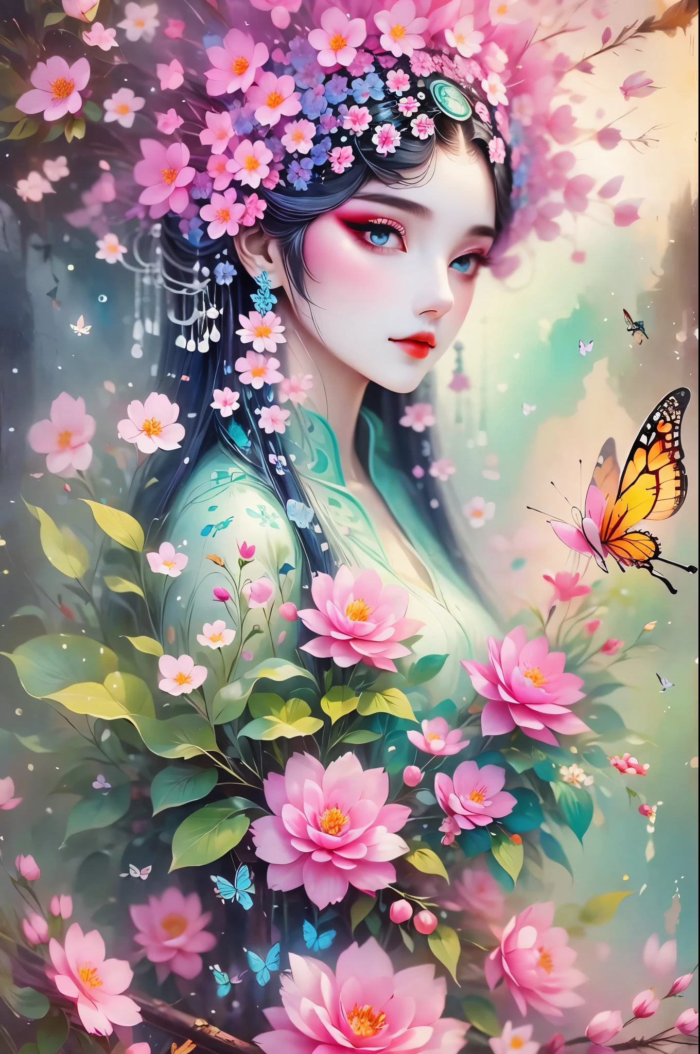 group photo，portrait，The landscape is filled with paths made of various flowers that represent your journey. This is a quiet grove, Magical beautiful delicate butterfly, Things of all sizes fly around it . The colors chosen for the cover exude an air of sobriety, brightness, Connection with nature，Dusk begins in the background, There is a mysterious and charming atmosphere. There is a beautiful woman with long hair in the woods, delicate face, And very beautiful. Woman is in the center of the image，Smaller in size than landscape，There are many butterflies representing transformation next to it.
