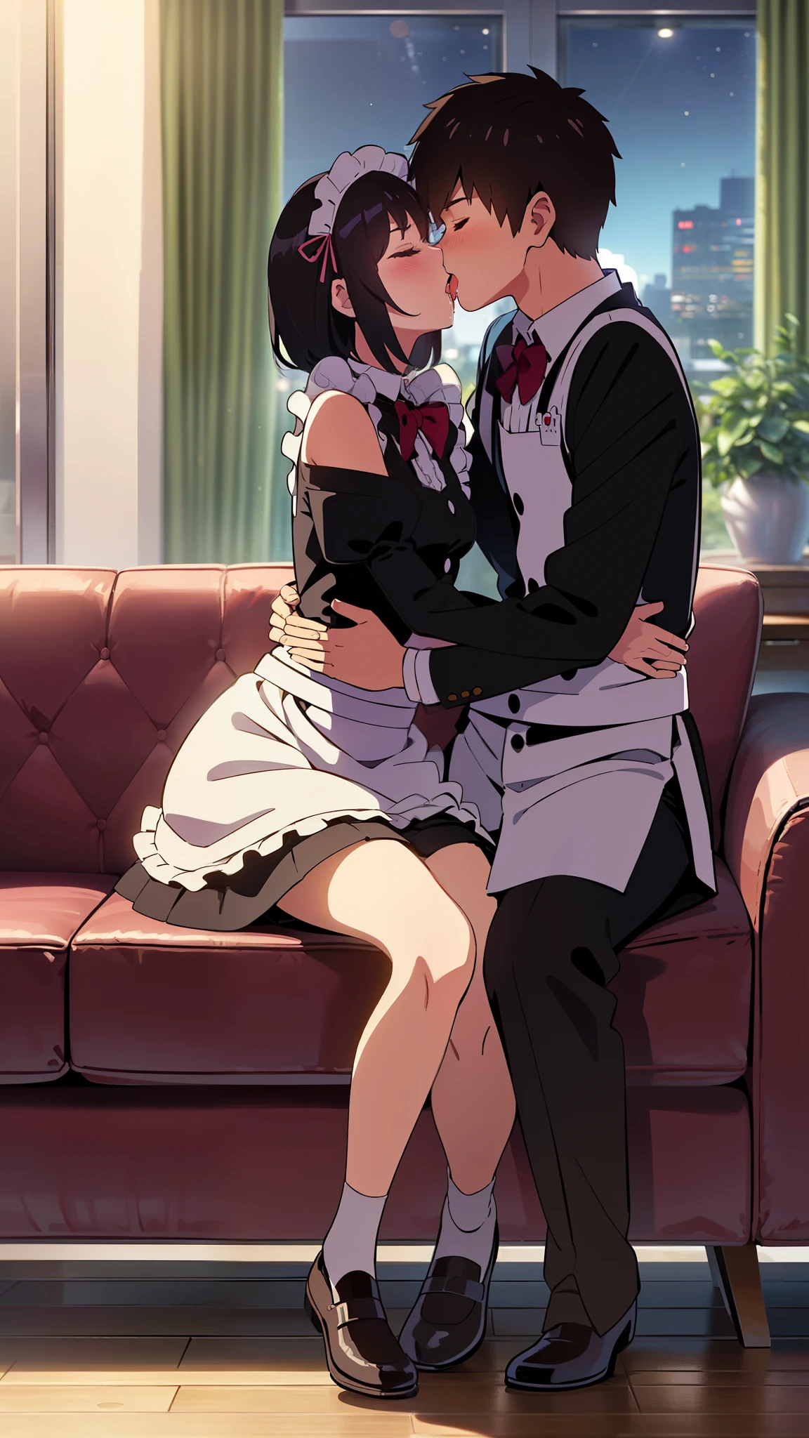 Anime couple kissing on a couch in a living room - SeaArt AI