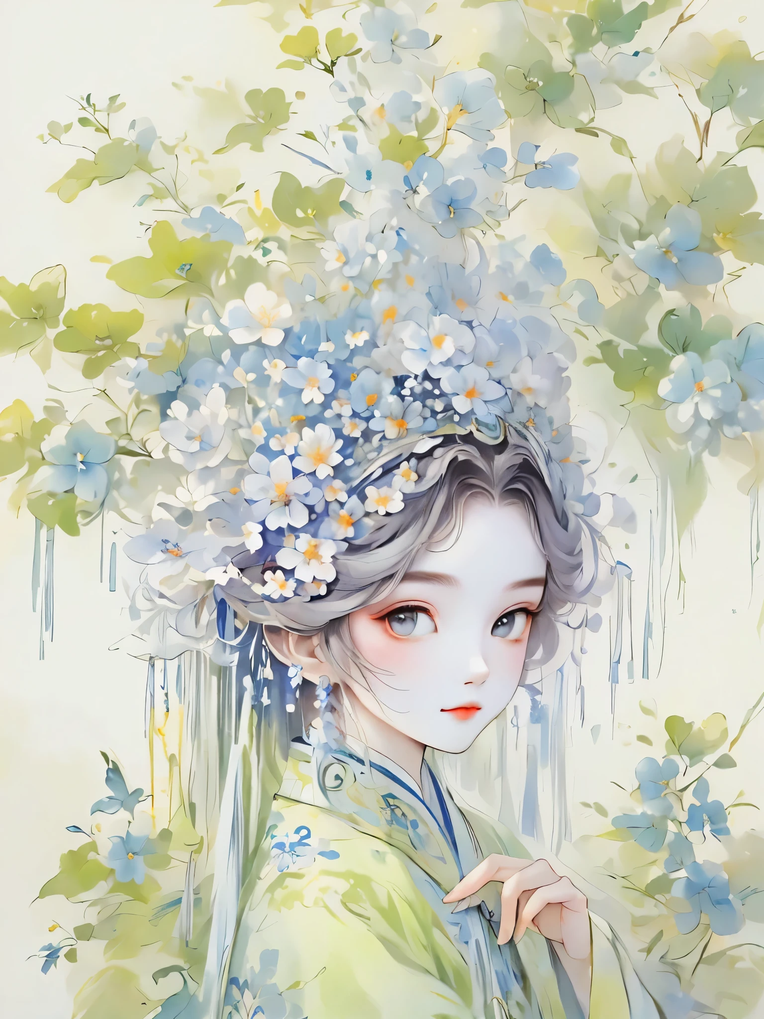 （detailed，high quality）beautiful portrait，a garden scene，Art with coloring book page effect。The background should be completely white，and only the outline of the object should be visible。Artwork should have a line art style，similar to a coloring book。It should have a mandala with natural decoration。The overall artwork should have a clean line art style，Similar to color book pages。Inspired by the brushstrokes of Alphonse Mucha，back to back，Decorate with new artistic styles。Ensures perfect detail and realistic appearance。The subject of the artwork should be gray hair，The hair is just outlined，rather than filled。
