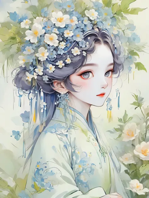 （detailed，high quality）beautiful portrait，a garden scene，Art with coloring book page effect。The background should be completely ...