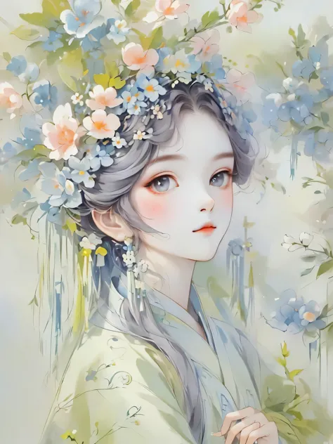 （detailed，high quality）beautiful portrait，a garden scene，Art with coloring book page effect。The background should be completely ...